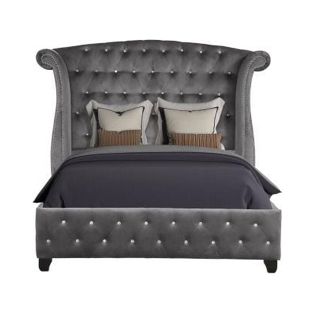 Gray Velvet Queen Bed with Tufted Upholstered Headboard