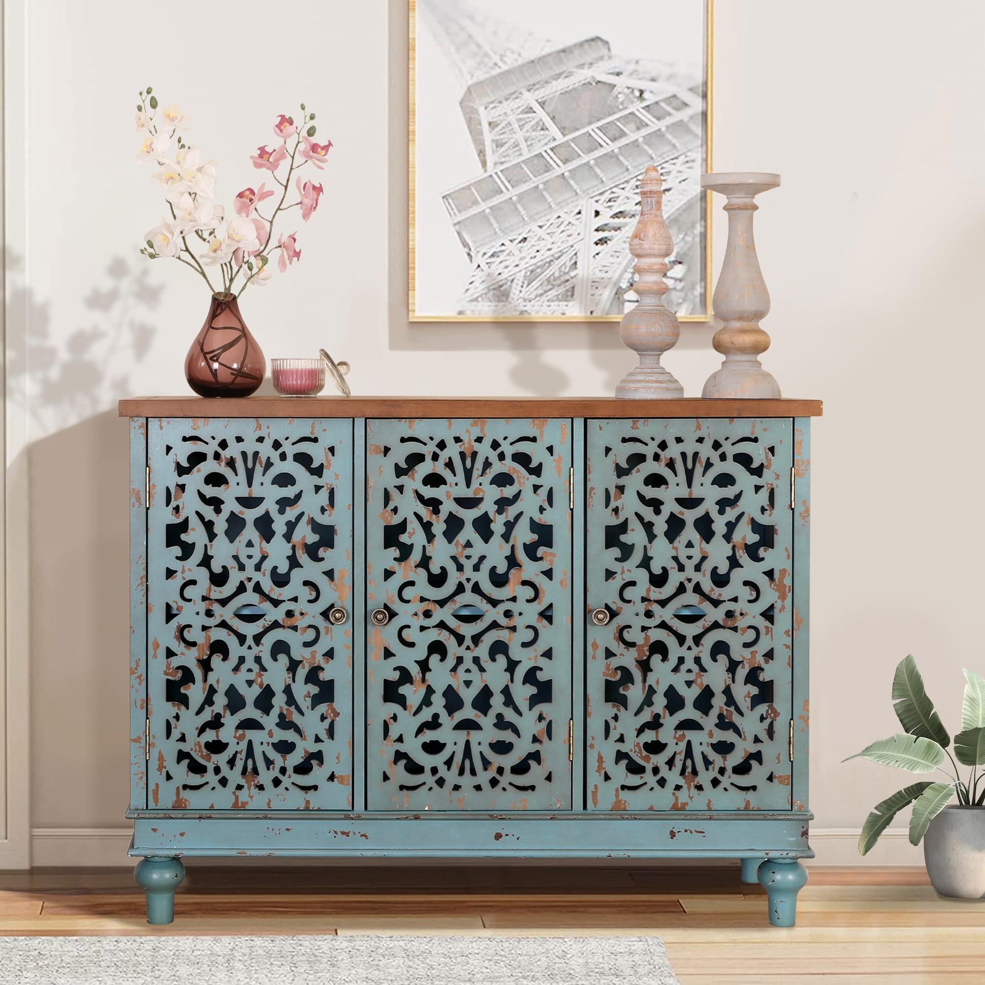 Blue Distressed Wood 3-Door Hollow-Carved Sideboard Cabinet