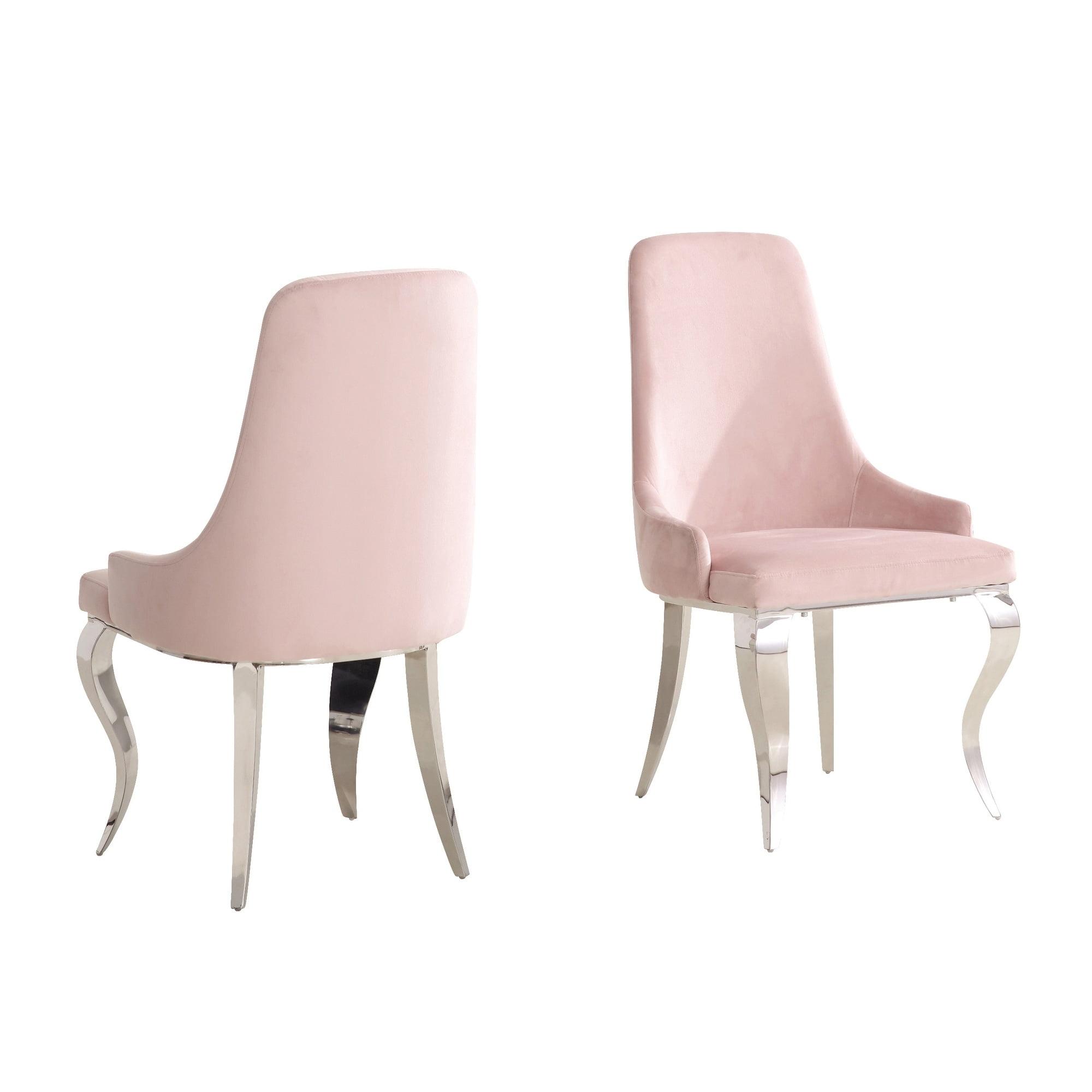 Light Pink Velvet Upholstered Dining Chairs with Chrome Legs, Set of 2