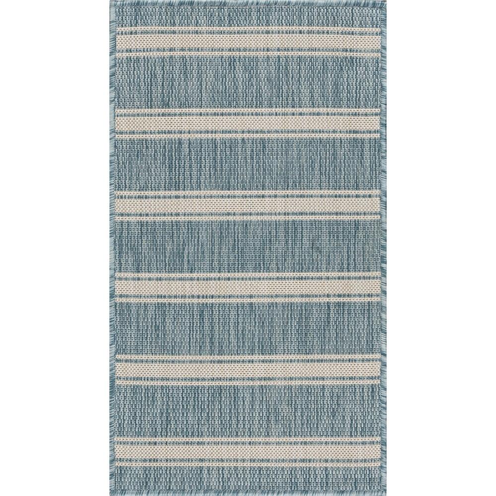 Aqua and White Striped Indoor Outdoor Rug, 5'3" x 7'