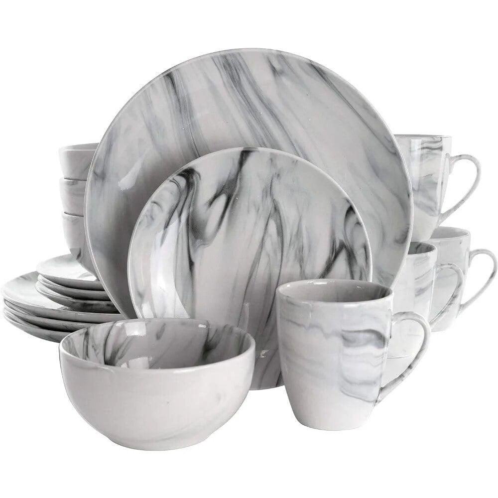 Elama Fine Marble 16 Piece Stoneware Dinnerware Set in Black and White