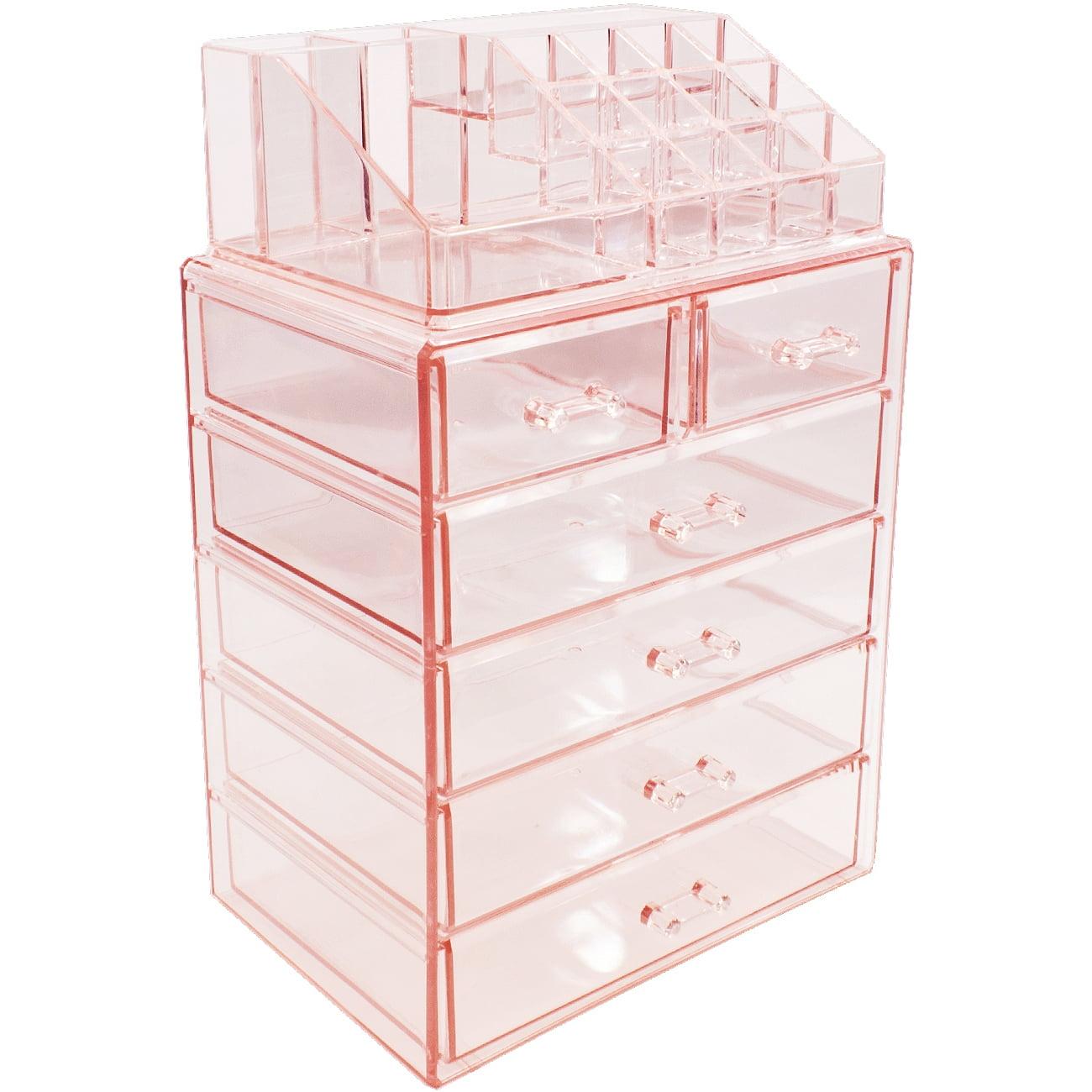 Sorbus 2 Piece Acrylic Makeup and Jewelry Storage Organizer Case (6 Drawers and Lipstick Tray) - Pink
