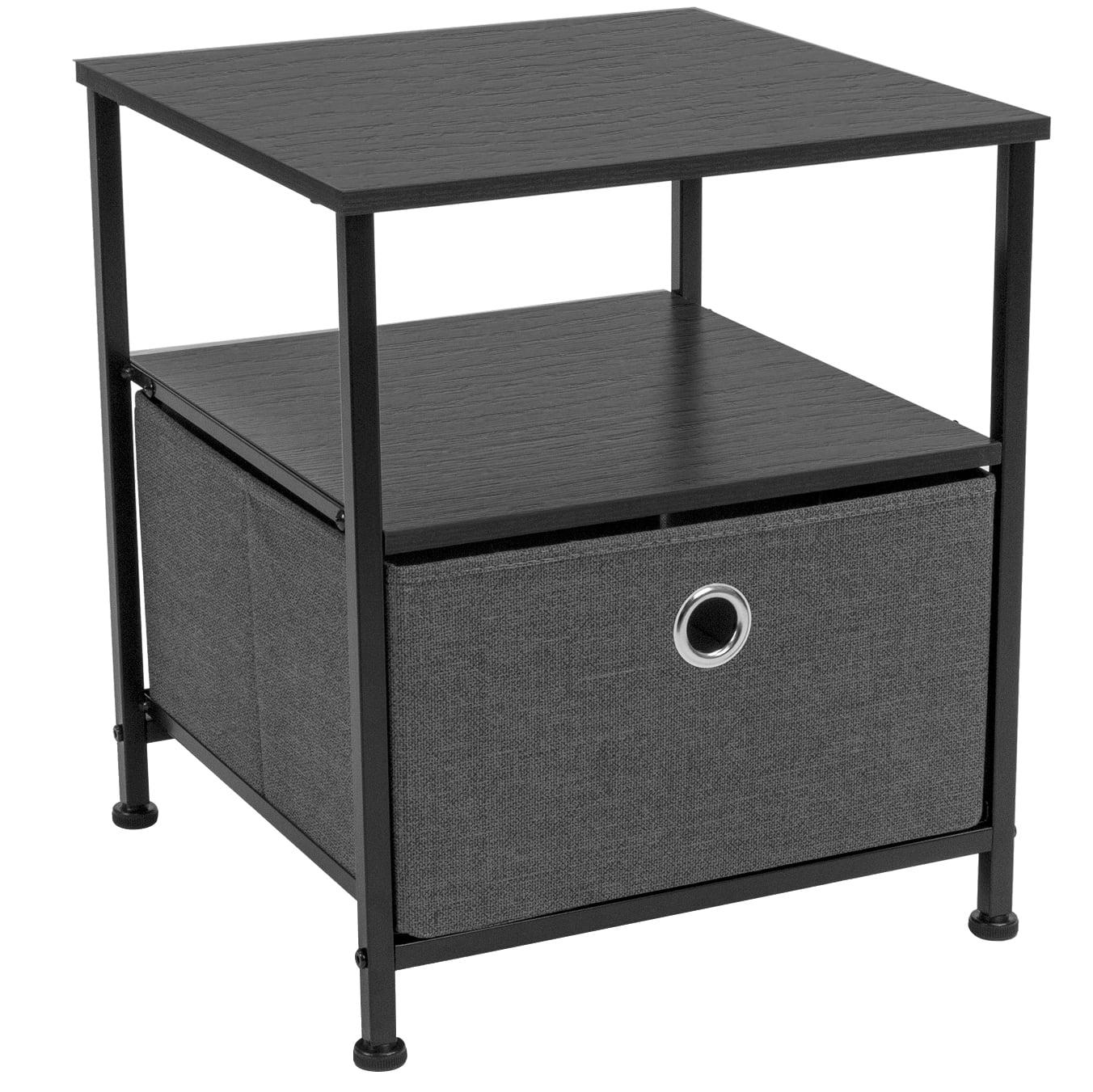 Black Steel Frame Nightstand with Wood Top and Fabric Drawer