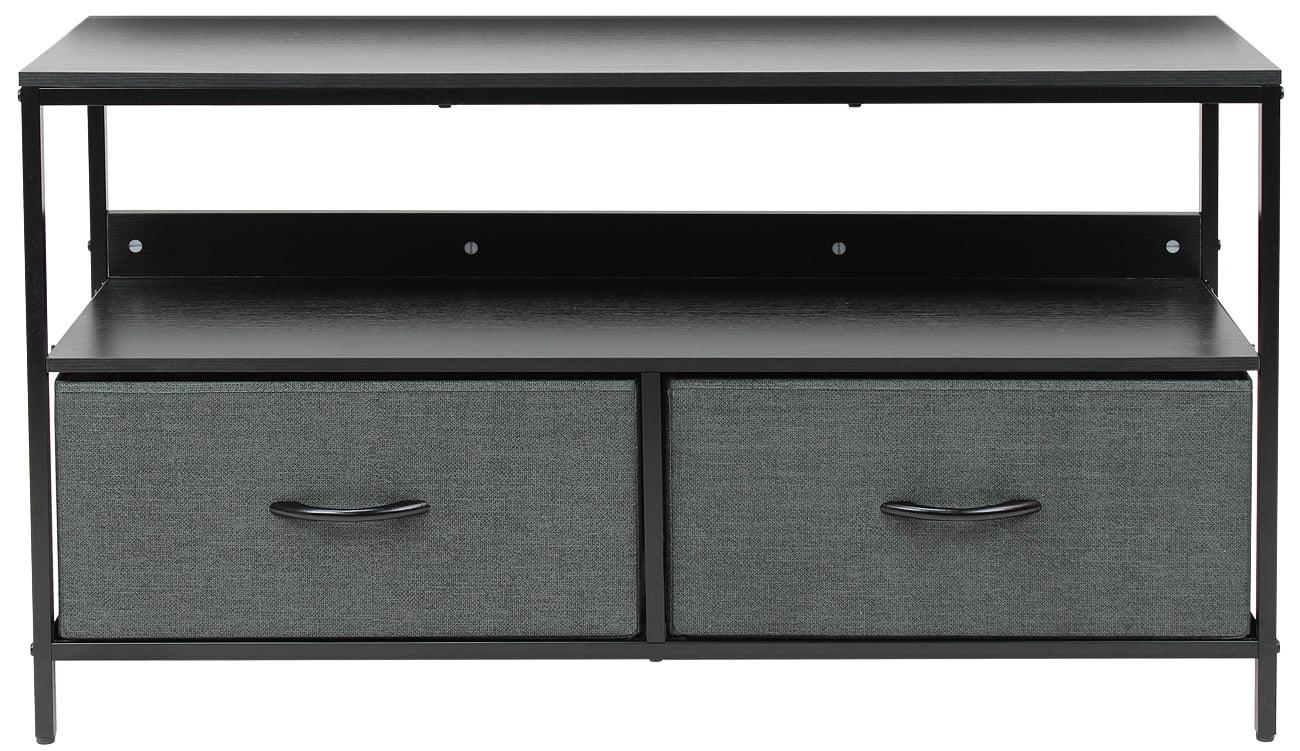 Compact Black Steel Frame TV Stand with Foldable Fabric Drawers