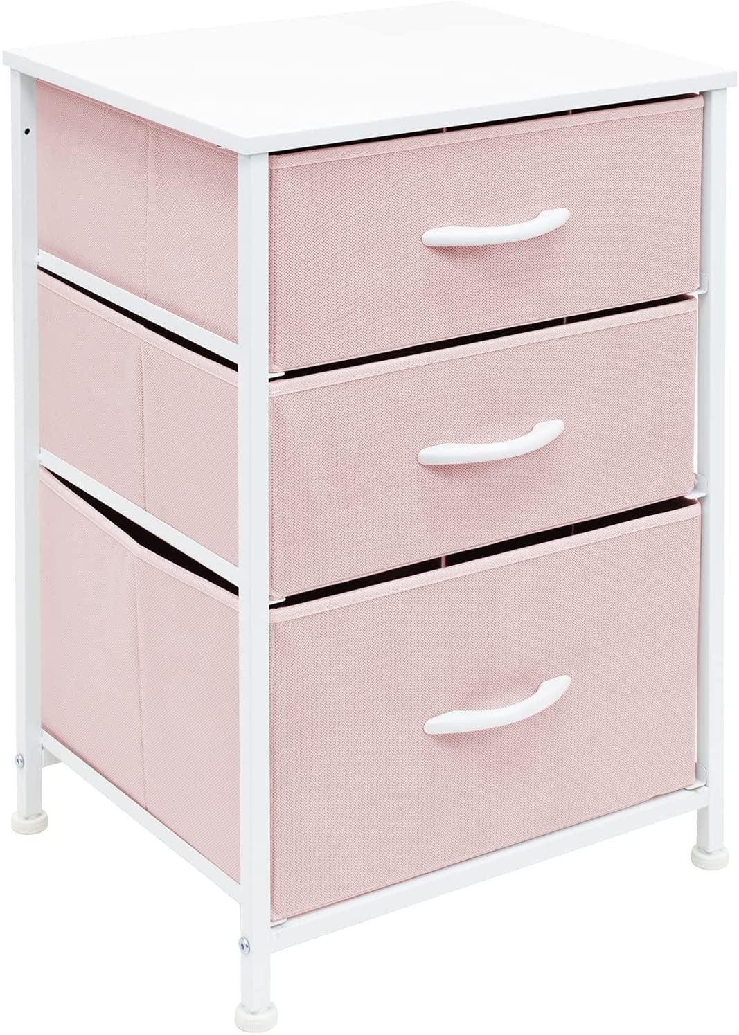 Sorbus Nightstand with 3 Drawers - Furniture Storage for Bedroom, Closet, Office Organization - Steel Frame, Wood Top, Pastel Fabric Bin (Pink)