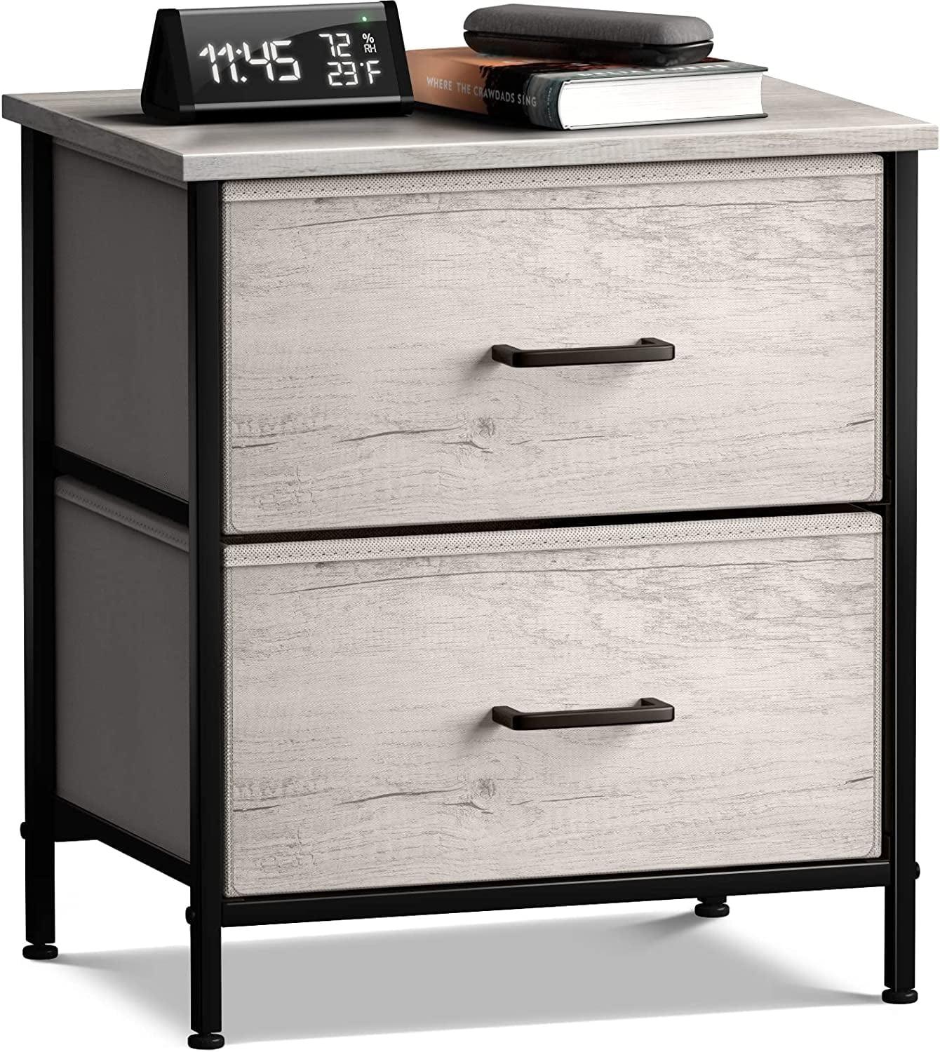 Greige Compact Nightstand with 2 Faux Wood Bin Drawers and Steel Frame