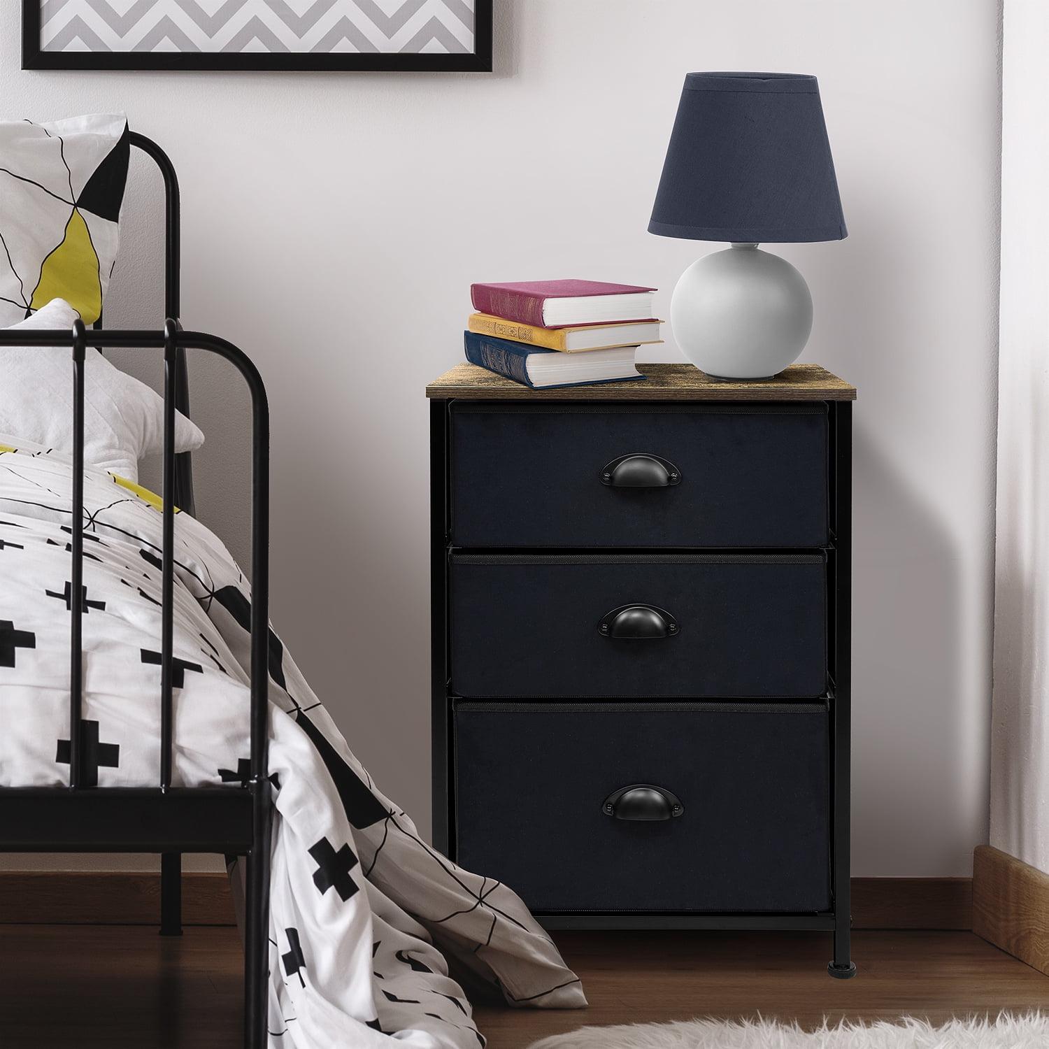 Industrial Black 3-Drawer Steel Nightstand with Medium Wood Top