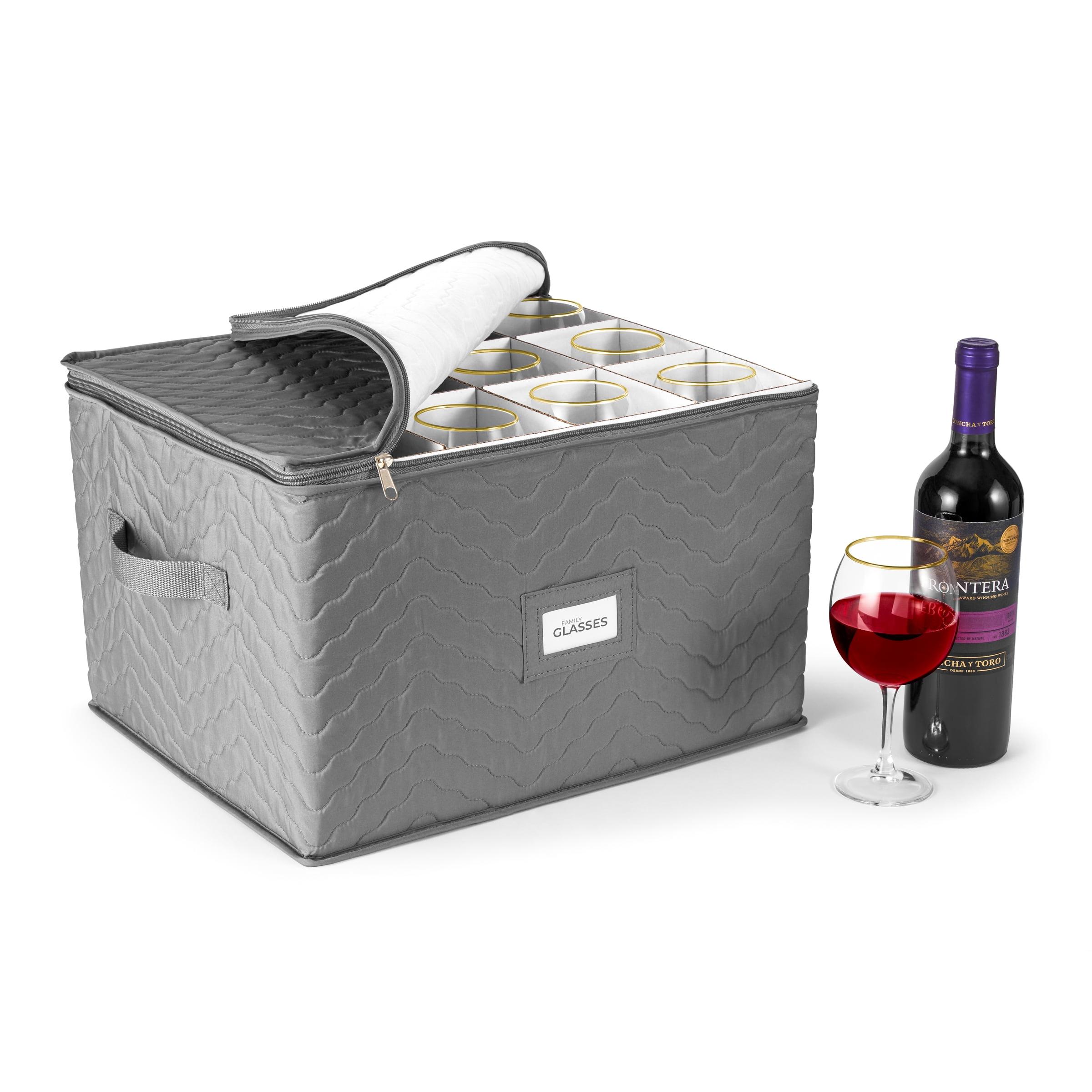 Gray Quilted Fabric Stemware Storage Box with Dividers