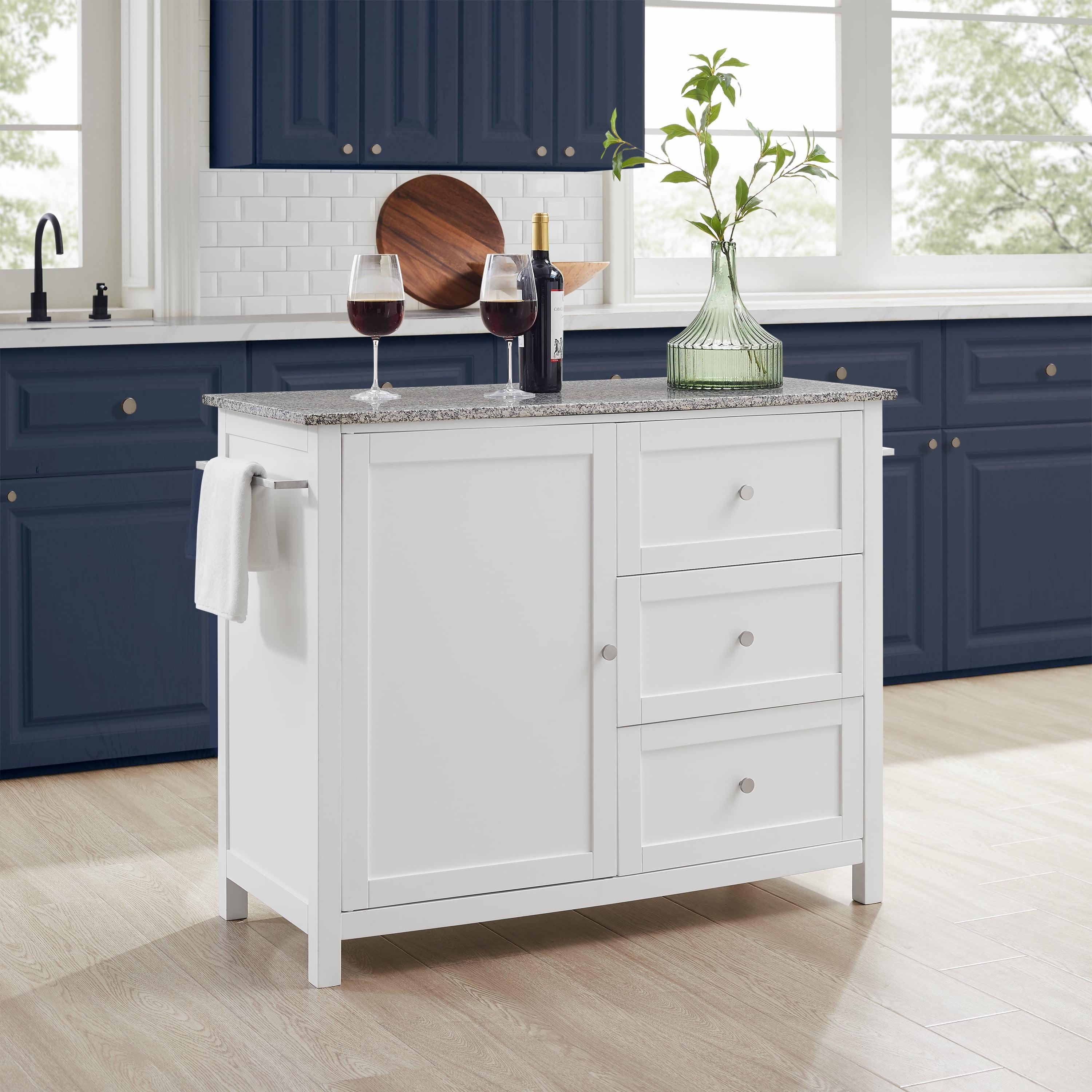 White Granite Top Kitchen Island with Storage and Wheels