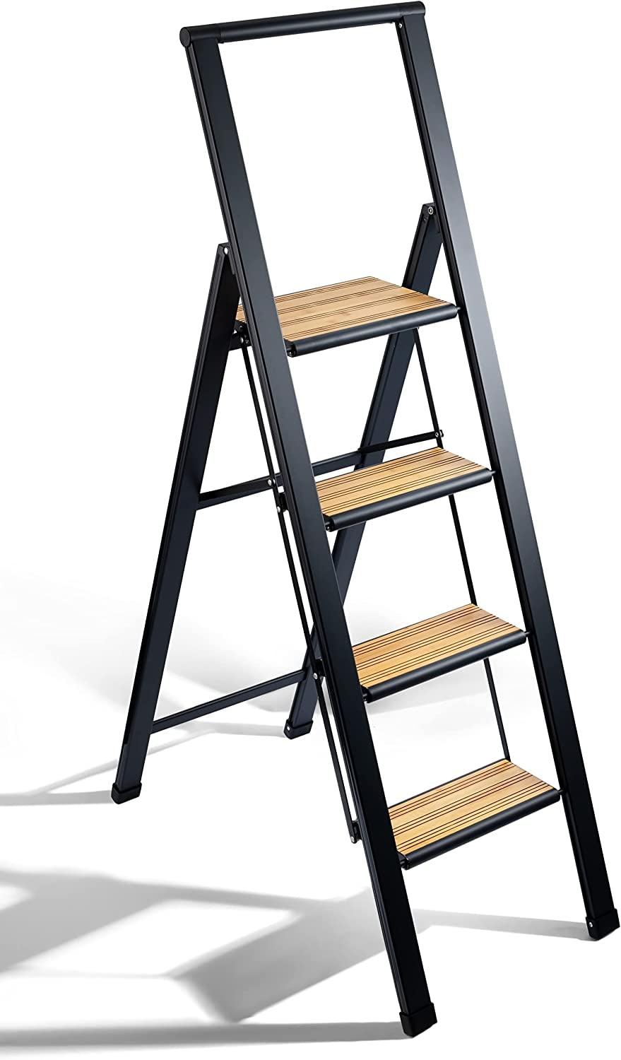 Step Ladder 4 Step Modern  - Beautiful Bamboo & Black Aluminum  - By SORFEY