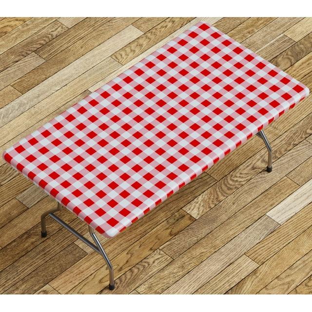 Tablecover -Fitted With Elastic, Vinyl With Flannel Back, Fits For Table 72"x 30" Rectangle, Checked Red Design, by SORFEY