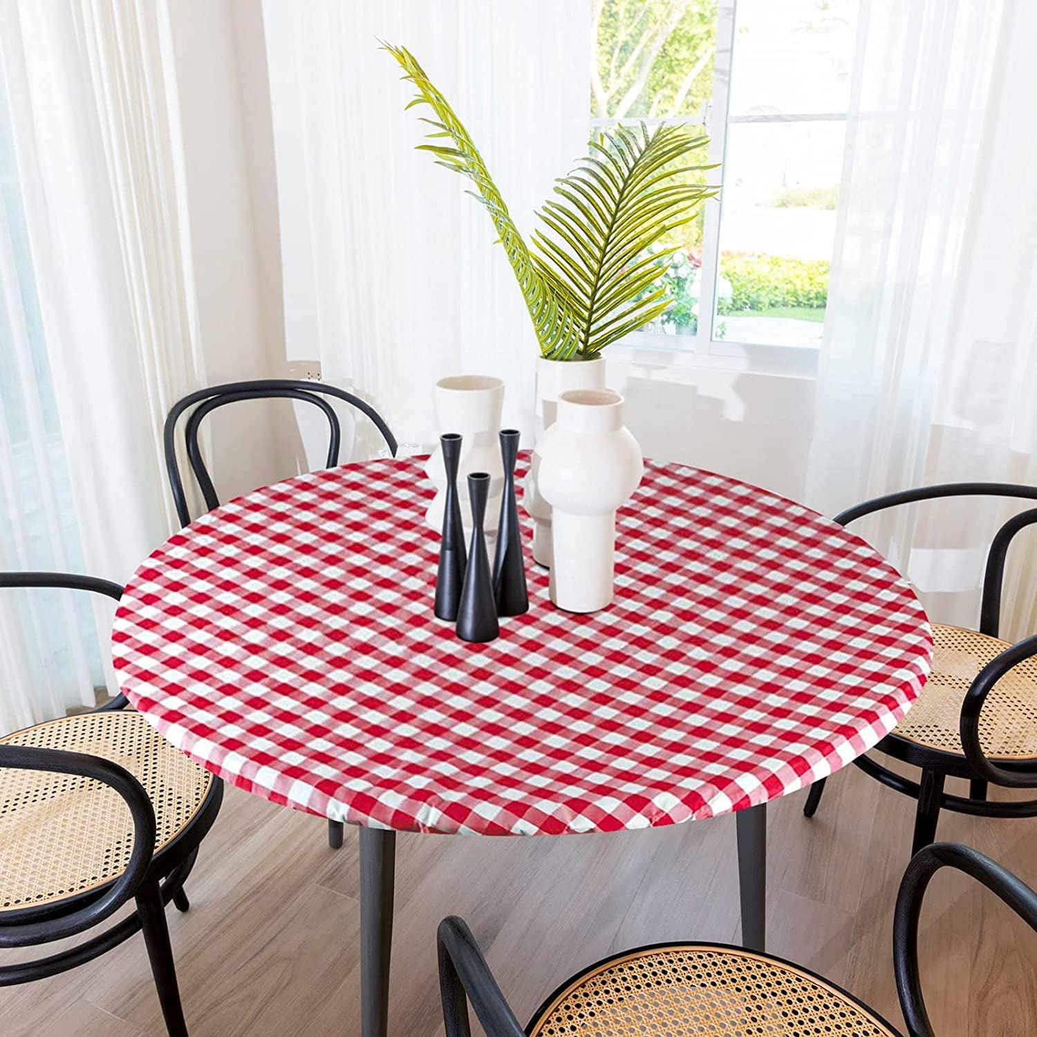Round Tablecloth -Fitted with Elastic, Vinyl with Flannel Back, 36” Red Checked Design,- By Sorfey