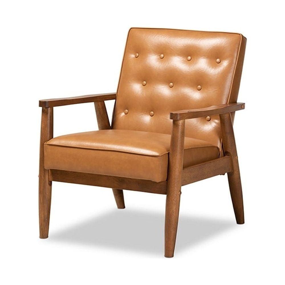 Walnut Brown Faux Leather Mid-Century Accent Chair