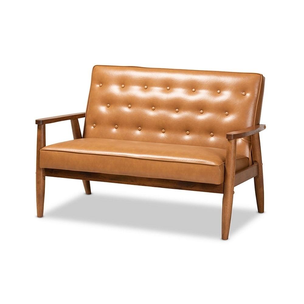 Tan Faux Leather Walnut Brown Wood Loveseat