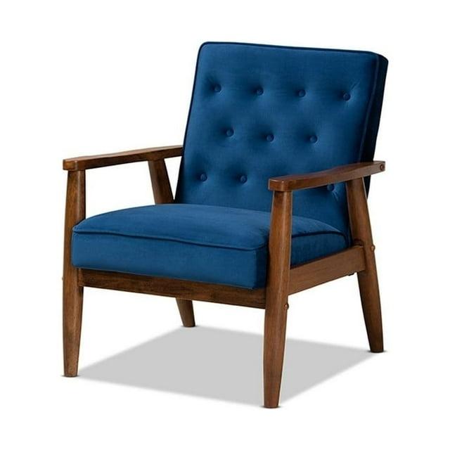 Sorrento Velvet Upholstered Wooden Lounge Chair Navy Blue/Brown - Baxton Studio: Mid-Century Modern, Button-Tufted, Danish Design