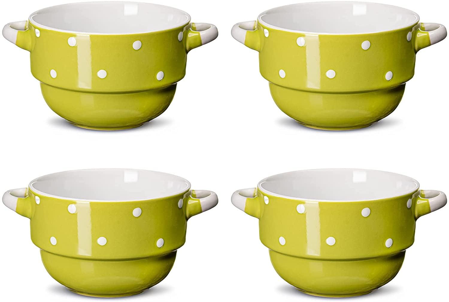 Green Polka Dot Ceramic Soup Bowls with Handles, 16 oz, Set of 4