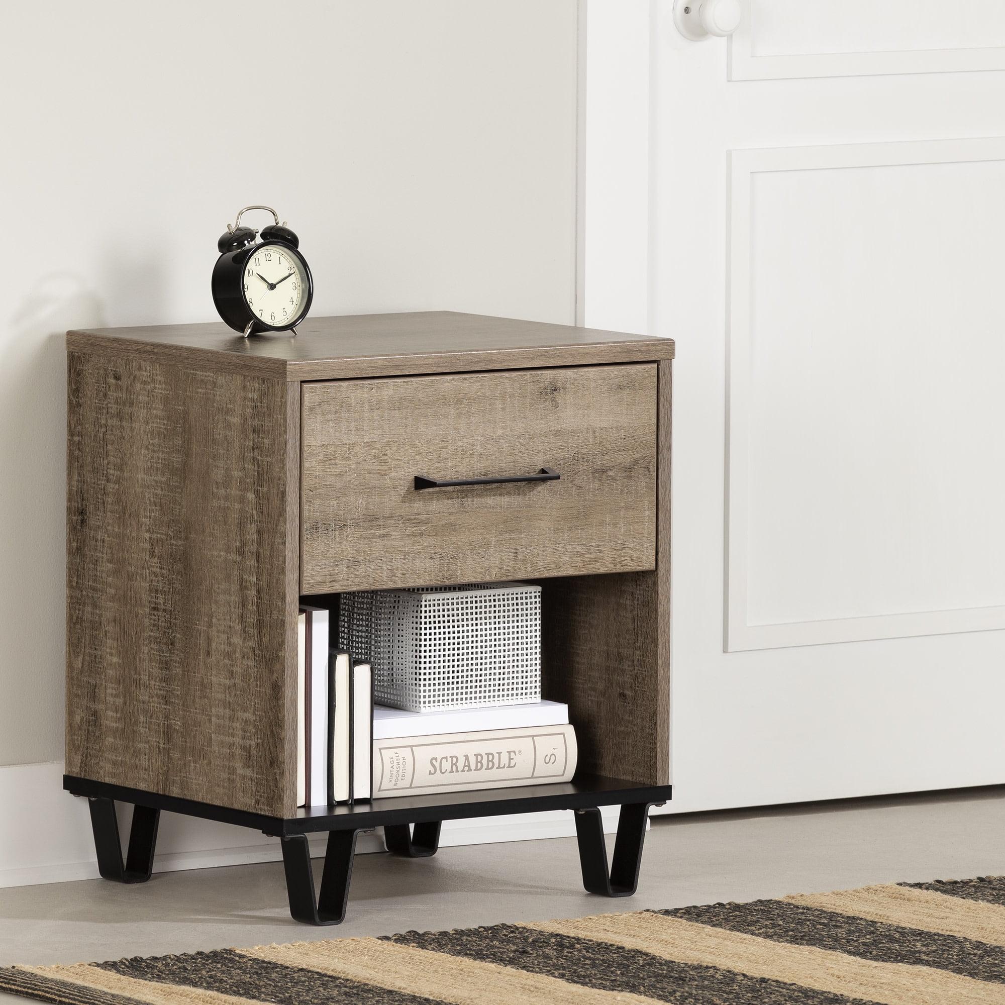 Arlen Weathered Oak 1-Drawer Nightstand with Matte Black Accents