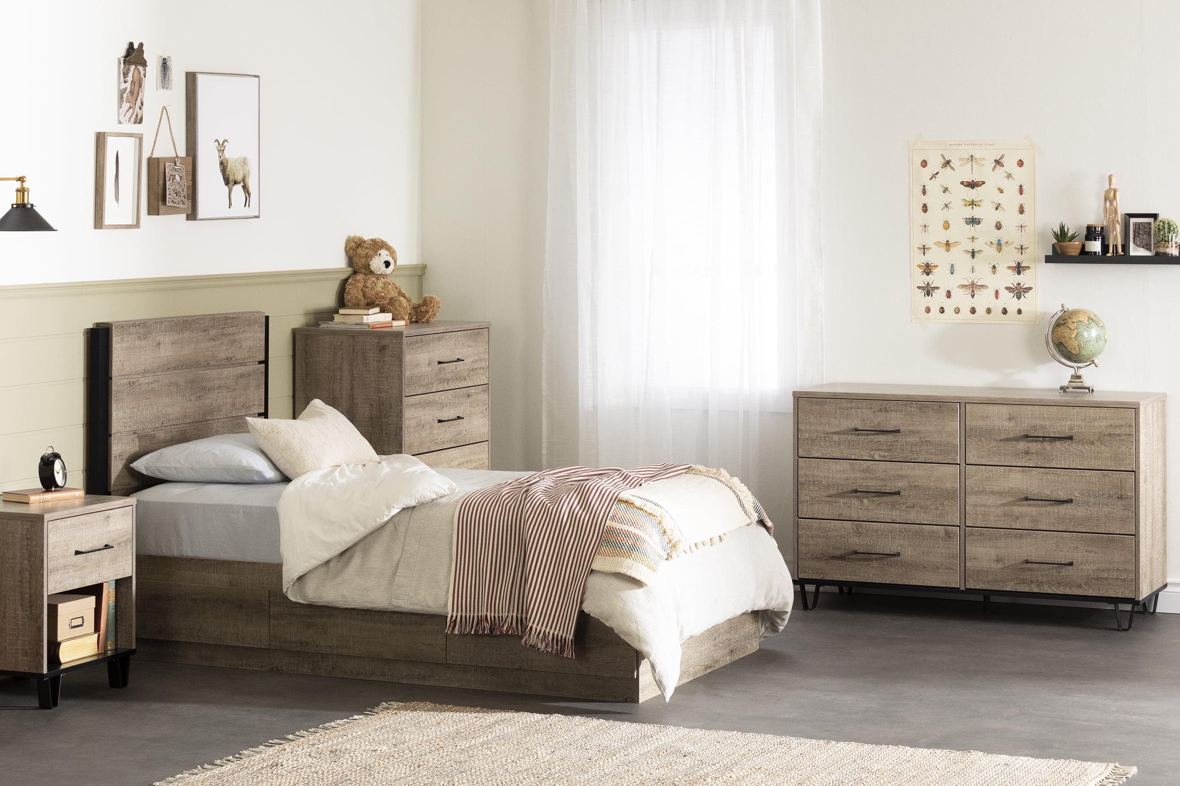 Weathered Oak Twin Platform Bed with 3 Storage Drawers