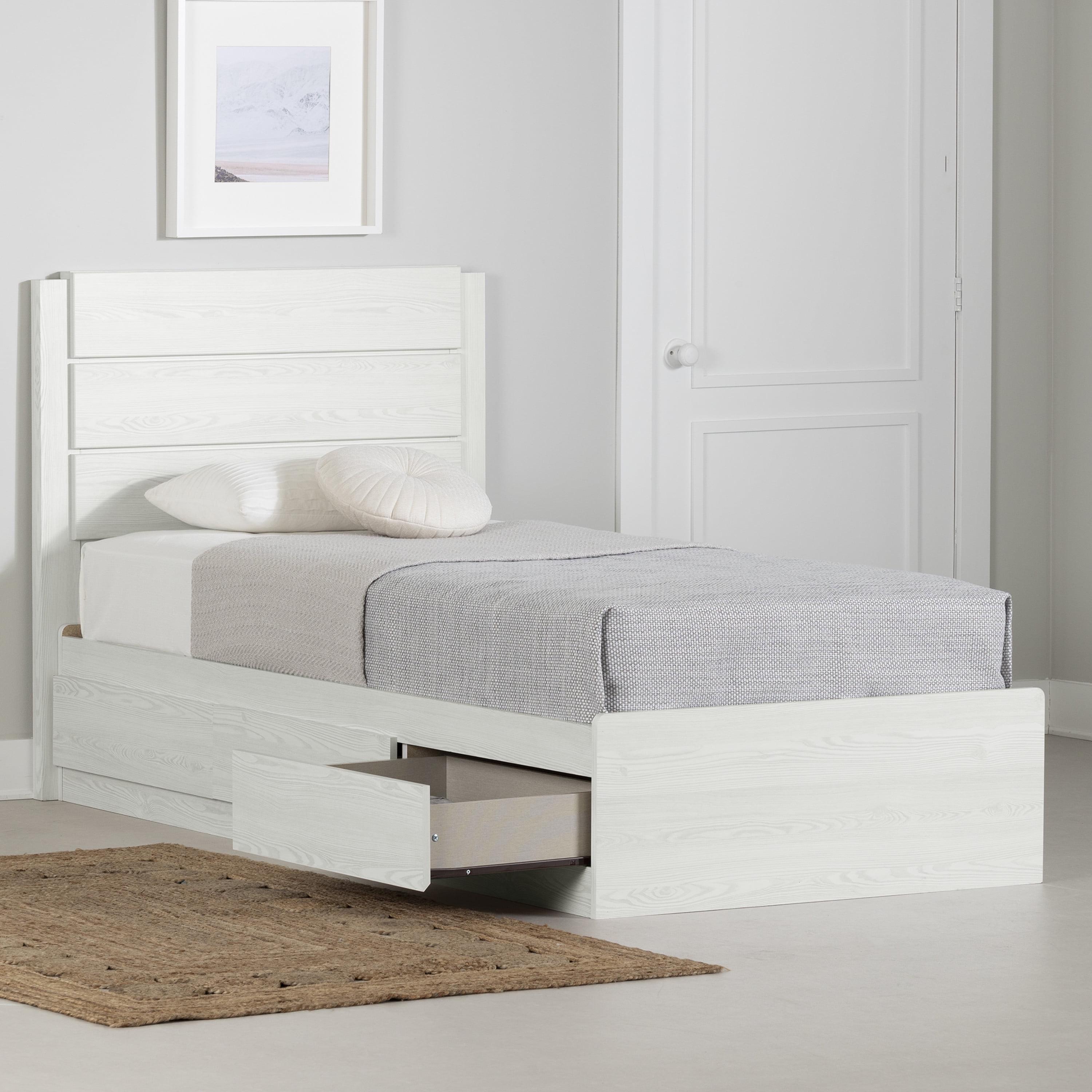 White Pine Twin Bed with Headboard and Storage Drawers