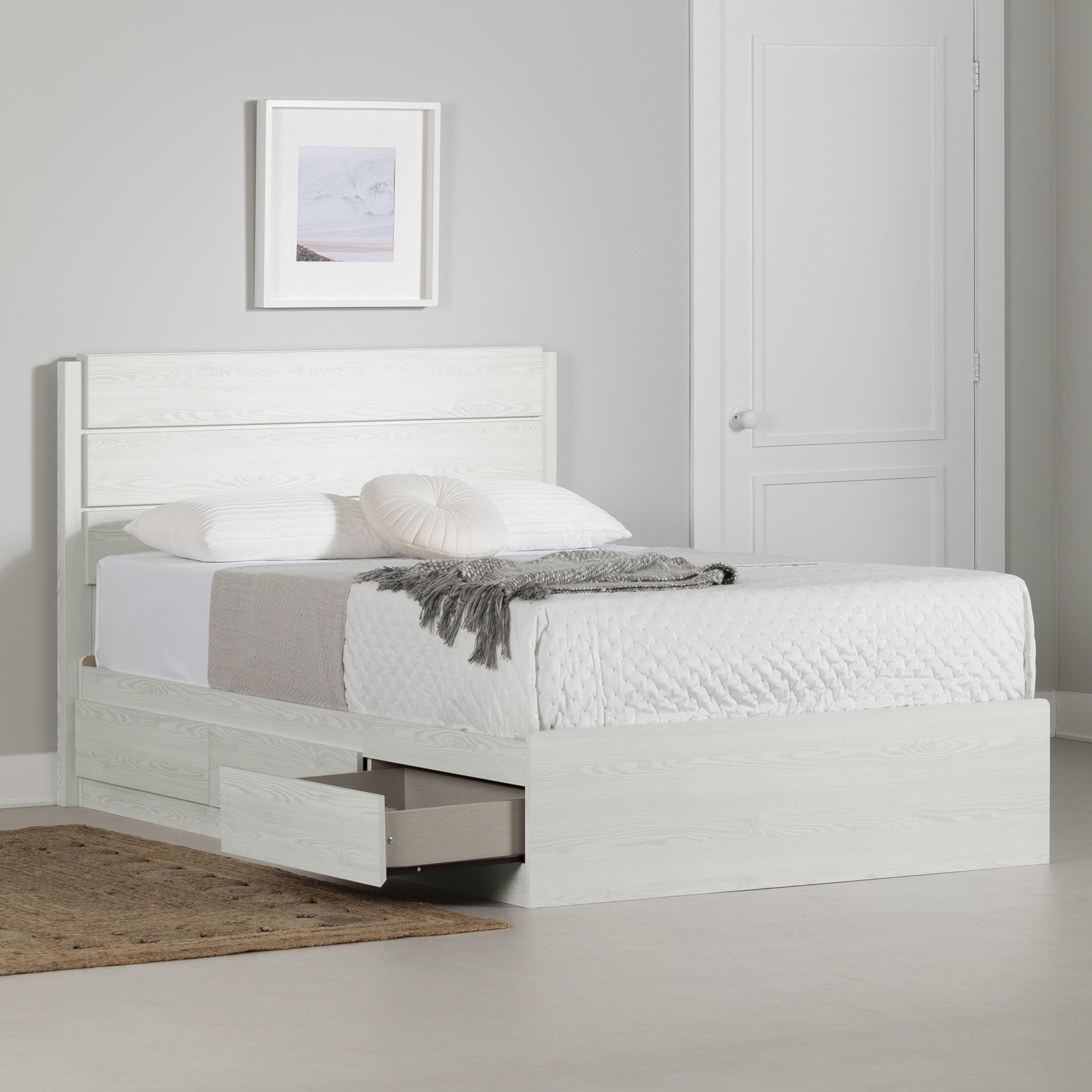 Full White Pine Platform Bed with Storage Drawers and Headboard