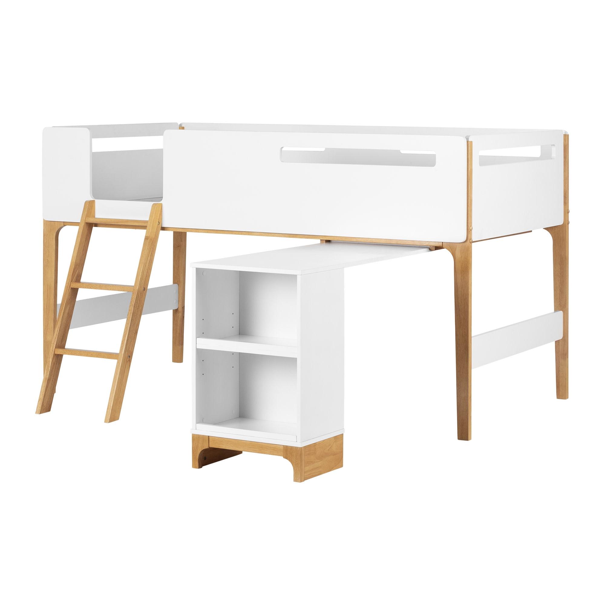 South Shore Bebble Scandinavian Wood Twin Loft Bed with Desk in White & Natural