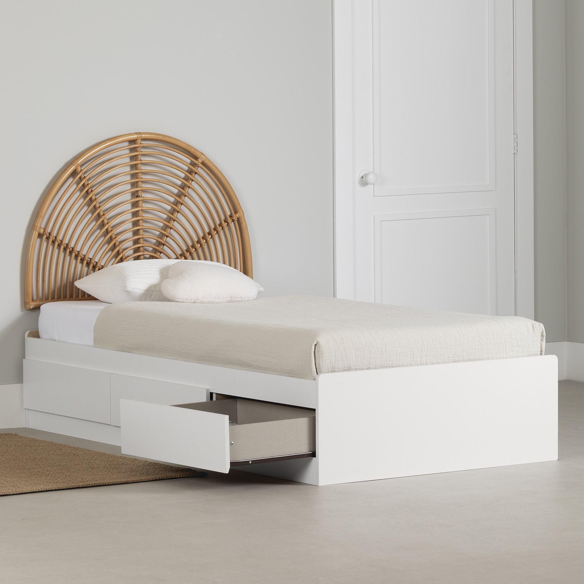 Twin White and Natural Wood Platform Bed with Storage and Rattan Headboard