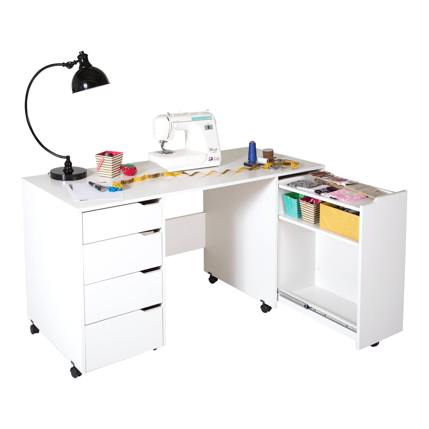 Pure White Mobile Craft Workstation with Drawers and Sliding Shelf