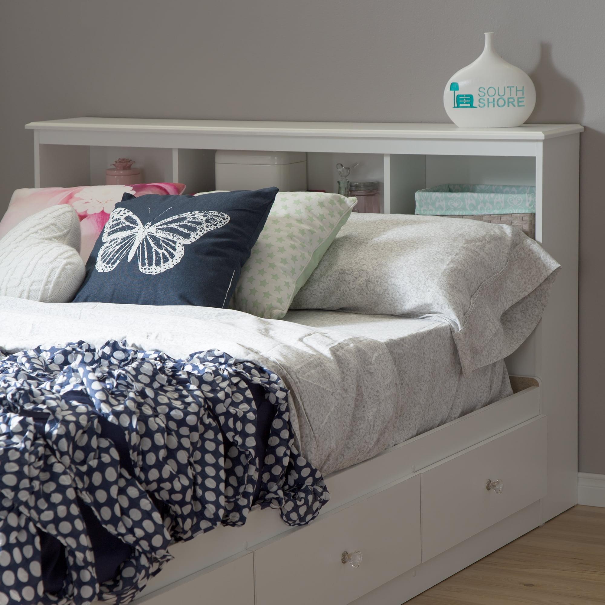 Full White Wood Bookcase Headboard with Storage