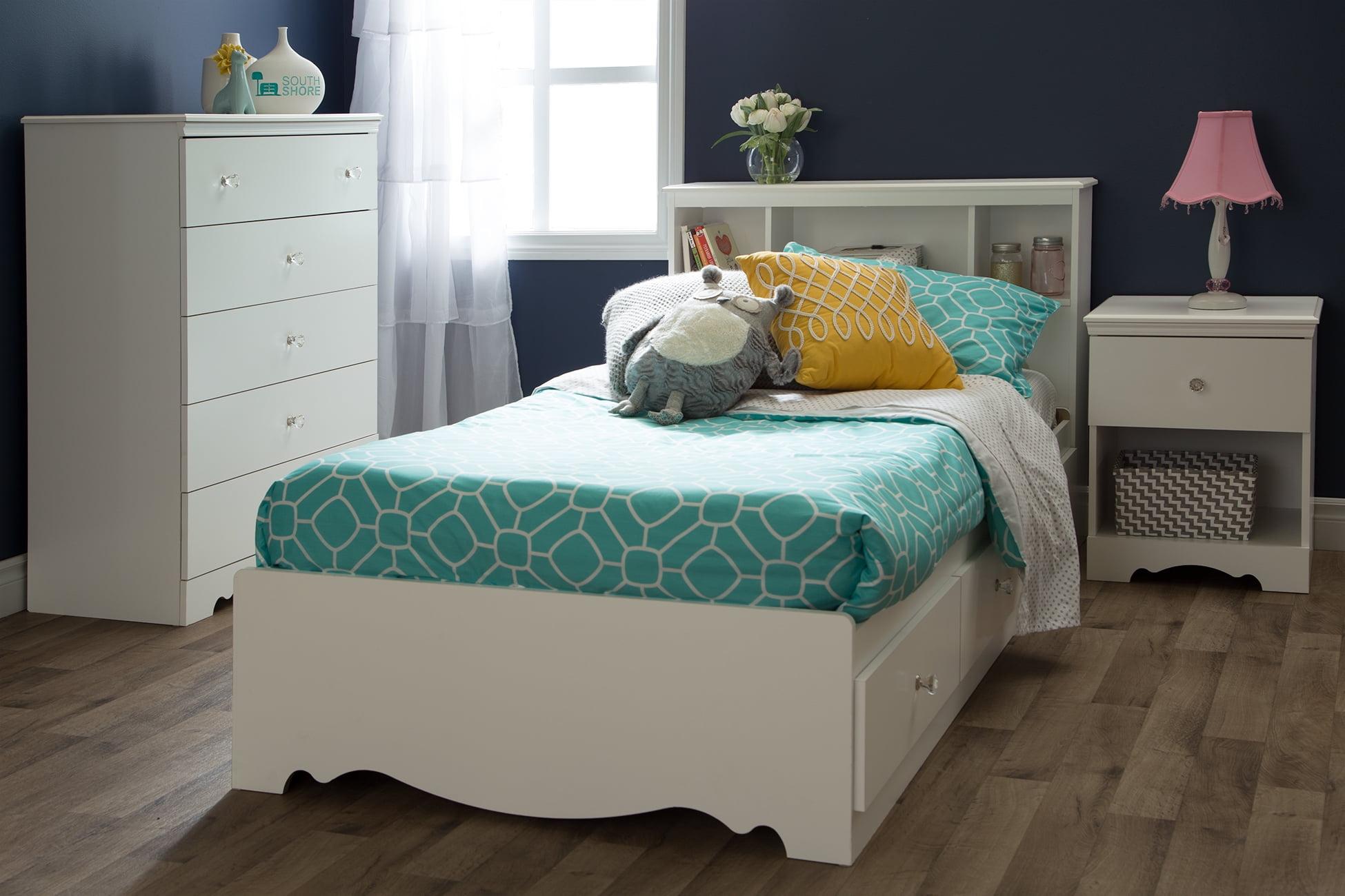 Crystal White Twin Wood Frame Bed with Storage Drawers