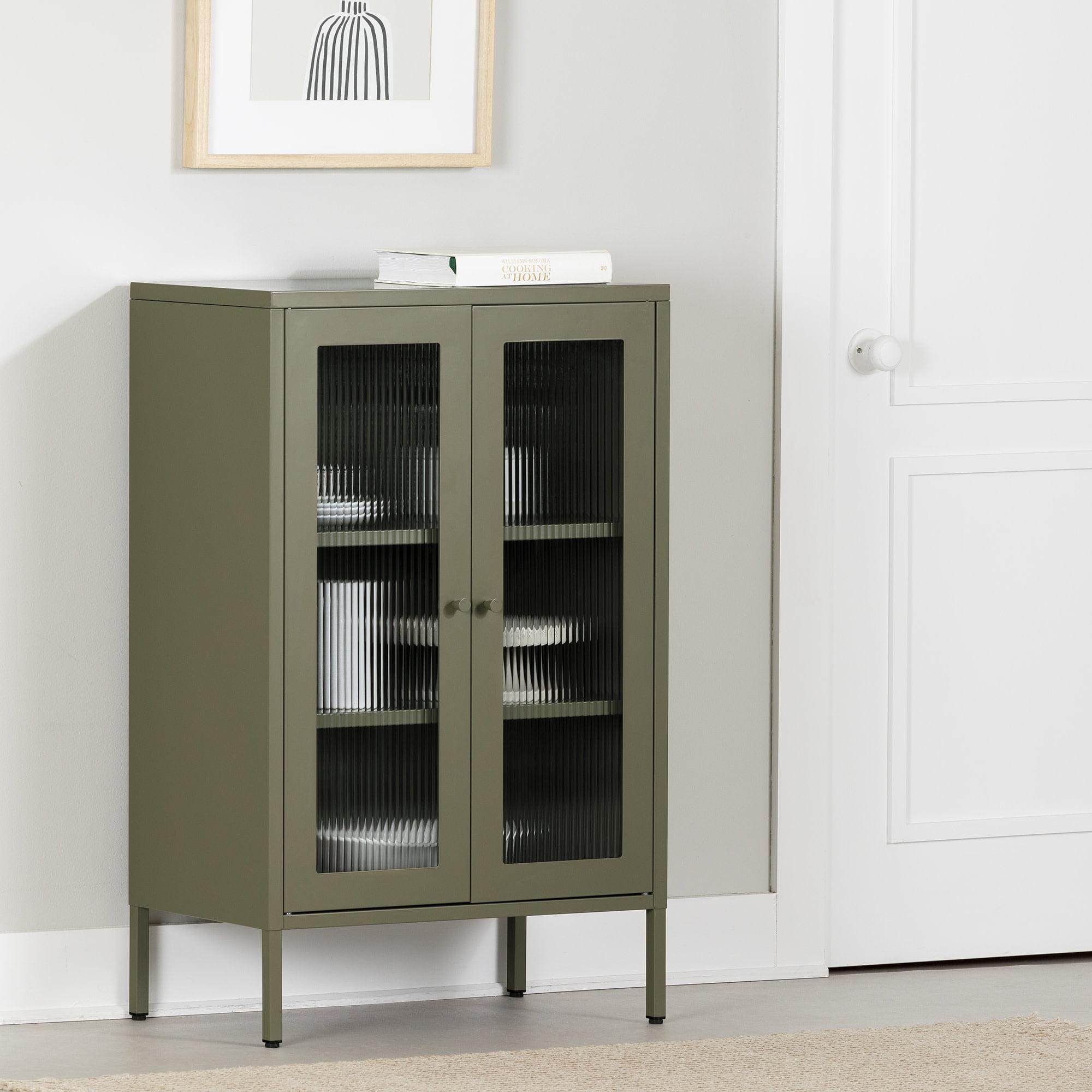 South Shore 40" Decorative Storage Cabinet Olive Green: Fluted Glass, Metal Frame, Wall Anchor