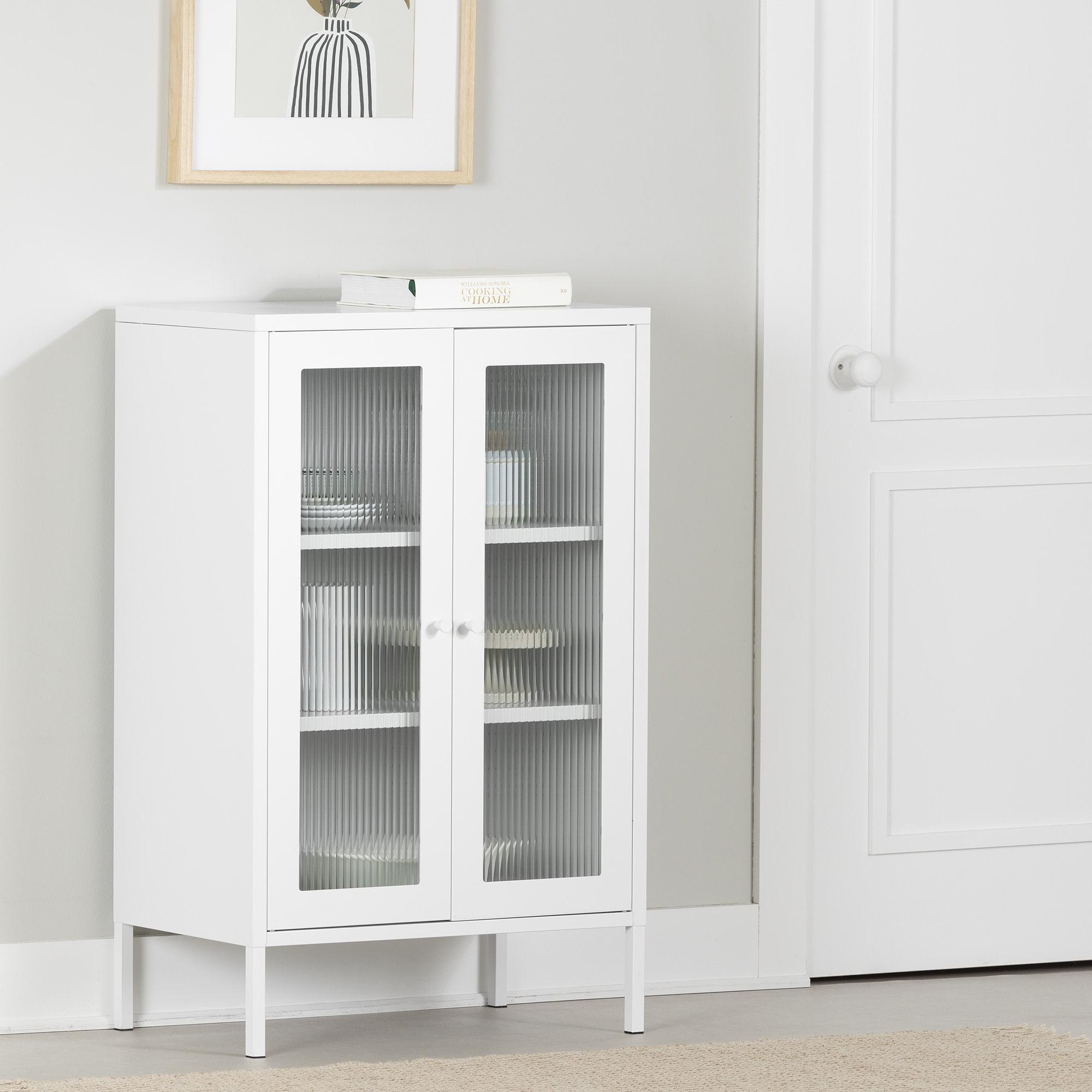 South Shore 40" Decorative Storage Cabinet White: Fluted Glass, Metal Frame, Wall Anchor Kit