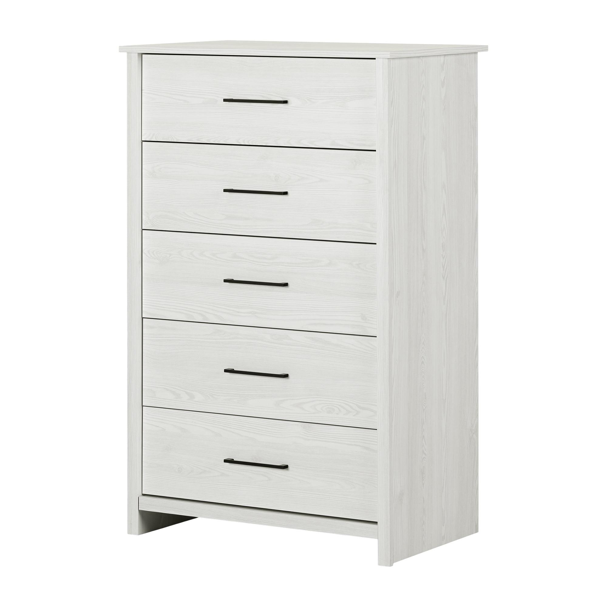 South Shore Chest White Pine: 5-Drawer Storage, Modern Farmhouse Style, Metal Handles, Laminate Surface