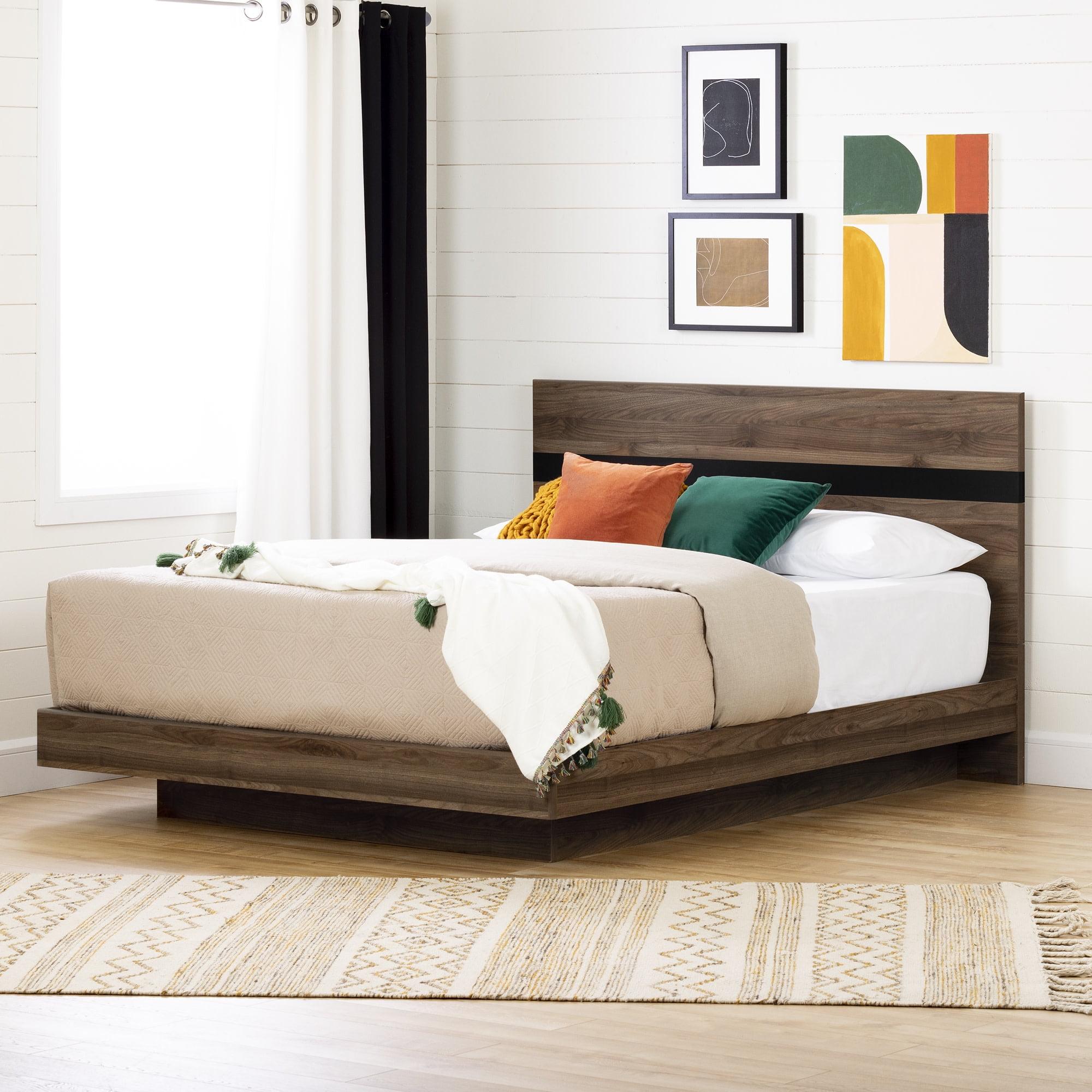 Queen Natural Walnut and Matte Black Floating Platform Bed