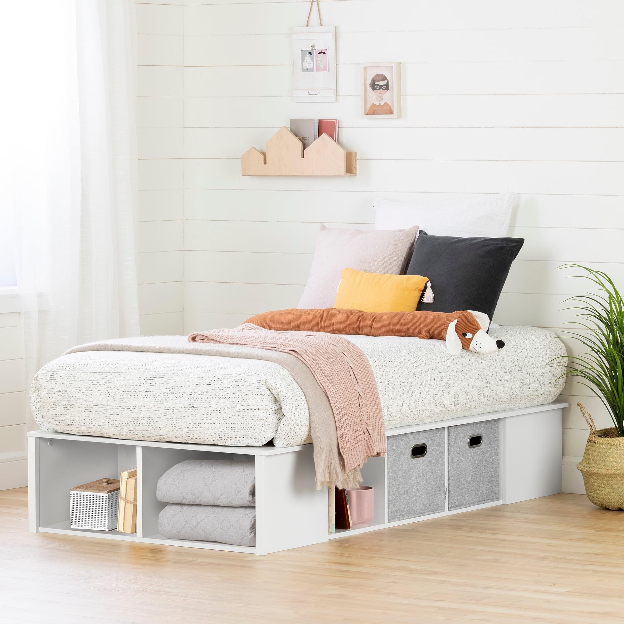 Twin White Wood Platform Bed with Storage Baskets