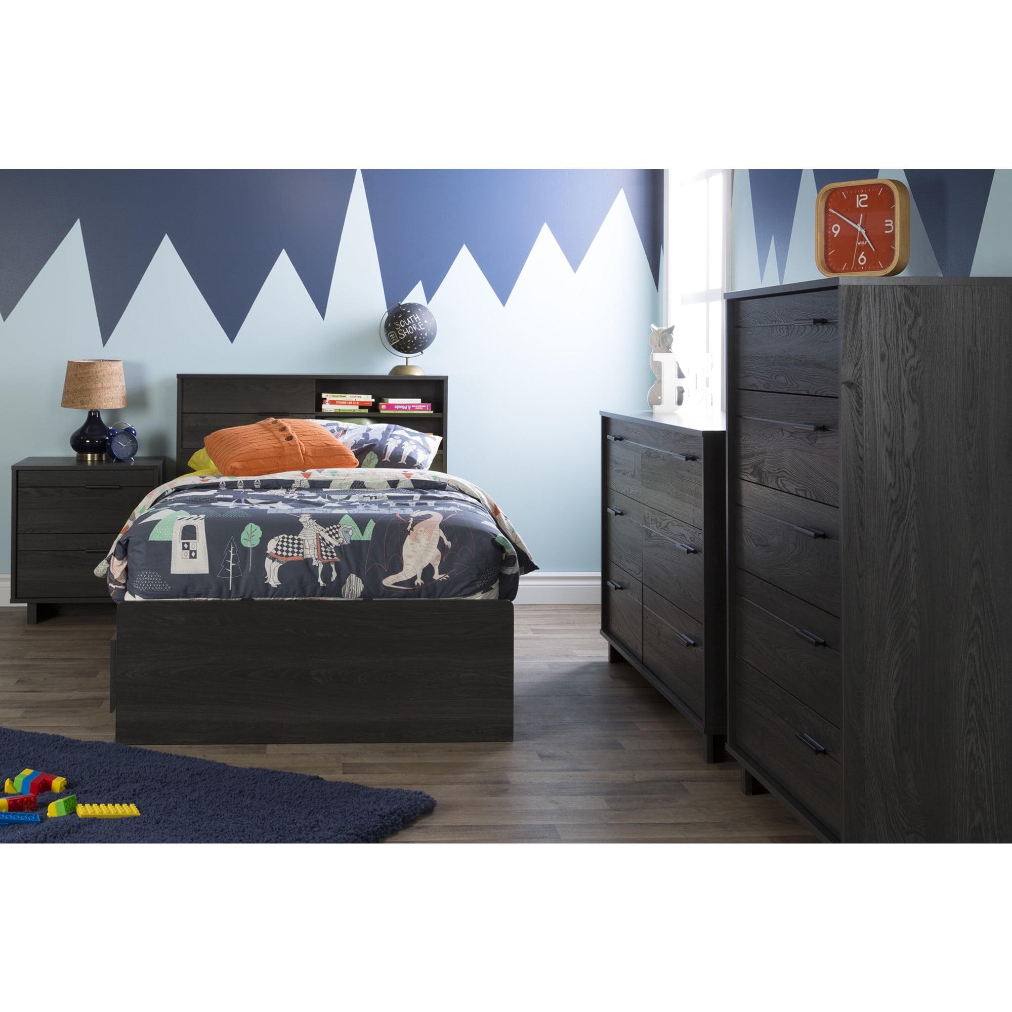 Gray Oak Twin Platform Bed with Storage and Bookcase Headboard