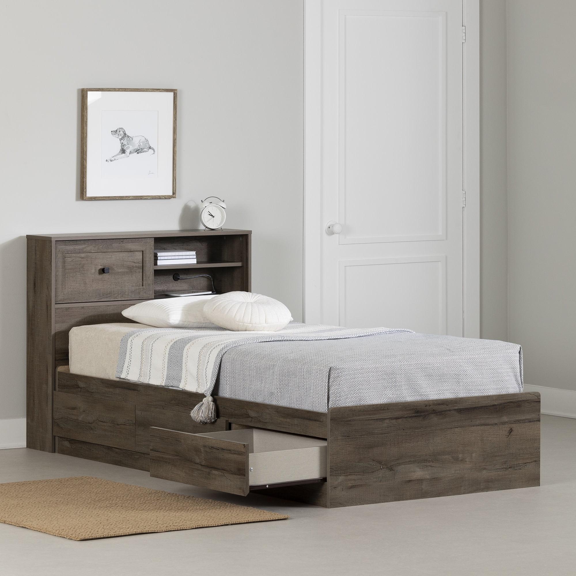 Fall Oak Twin Platform Bed with Storage and Bookcase Headboard