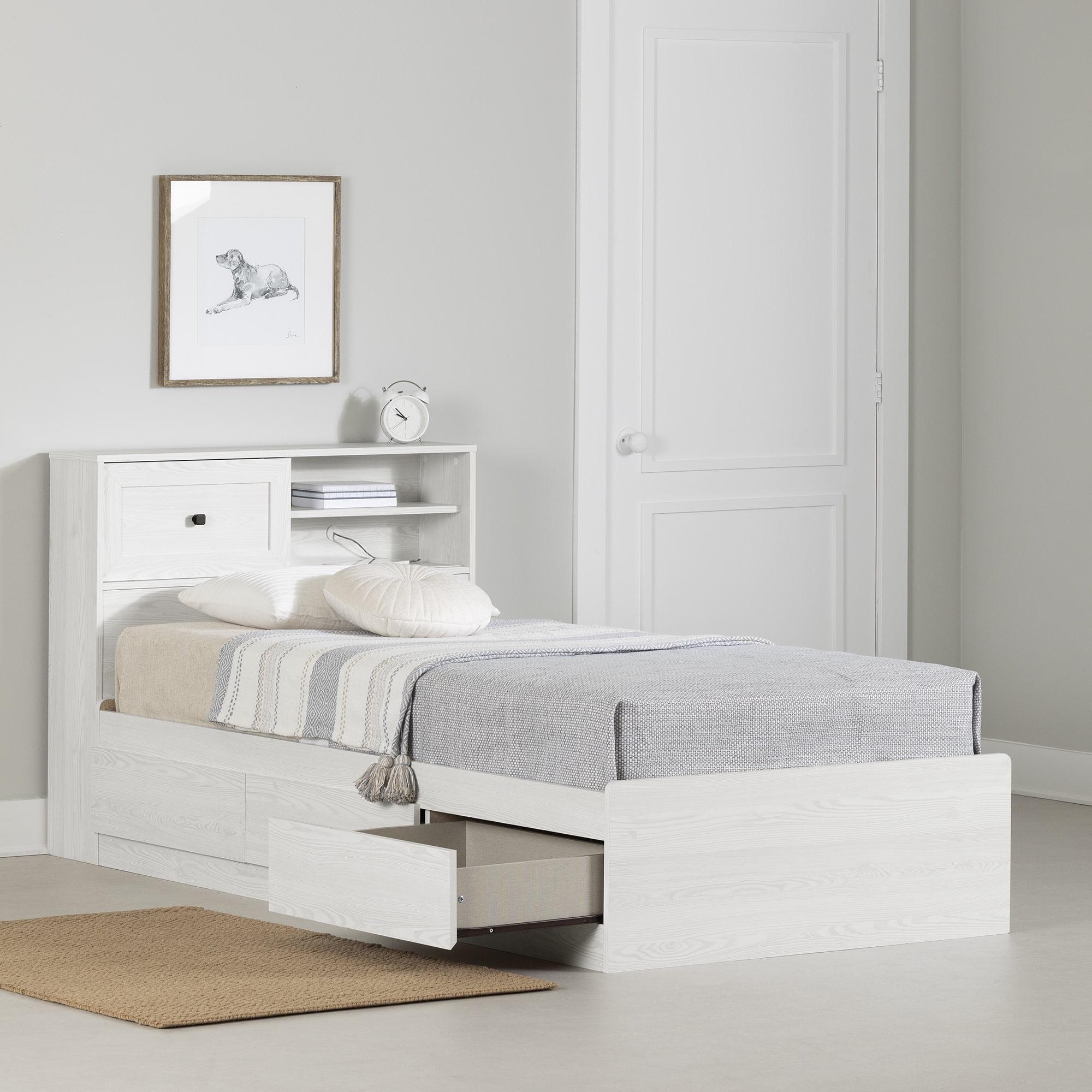 White Pine Twin Platform Bed with Storage Drawers and Bookcase Headboard