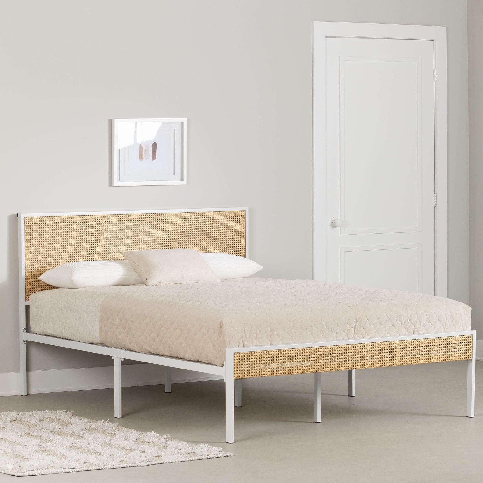 South Shore Queen Metal Platform Bed with Natural Cane White/Natural: Bohemian Style, No Box Spring Needed, Wood Slats