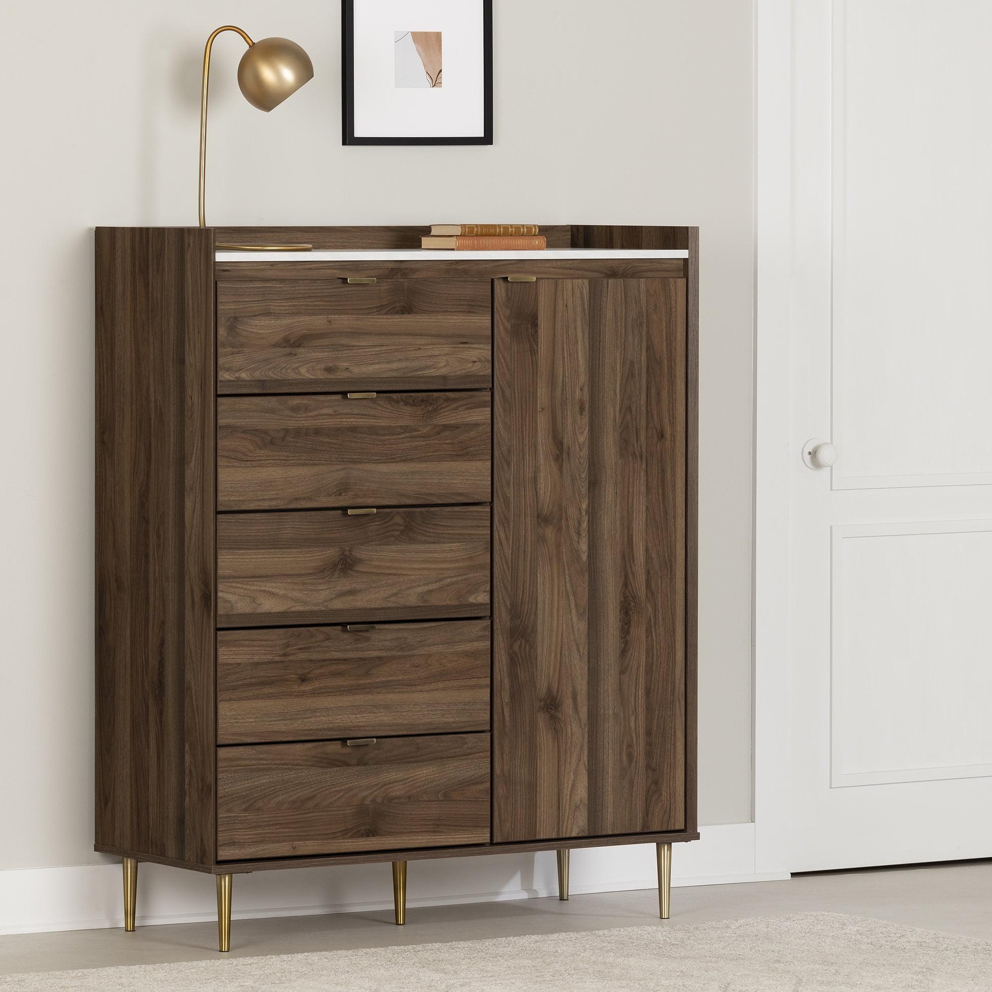 Natural Walnut and Faux Carrara Marble Glam 5-Drawer Dresser