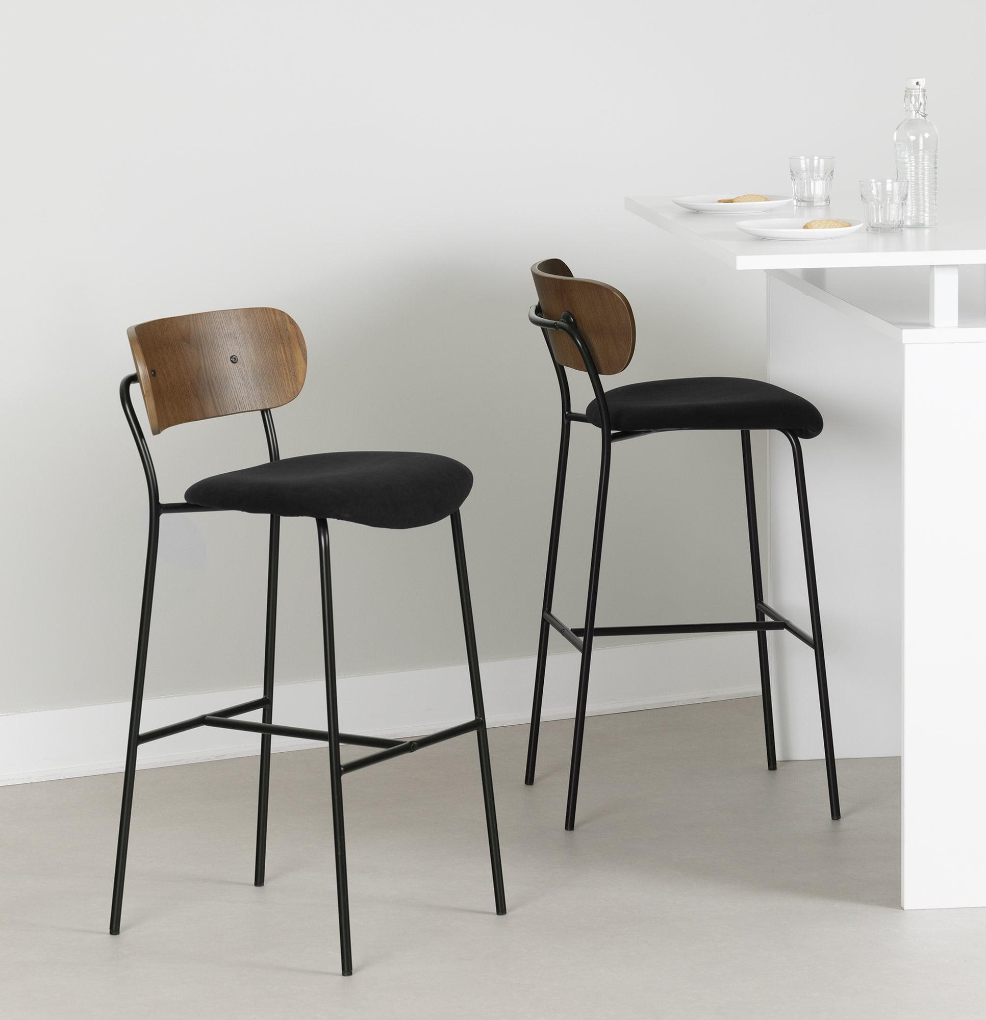 Black and Brown Mid-Century Modern Bar Stools with Metal Base