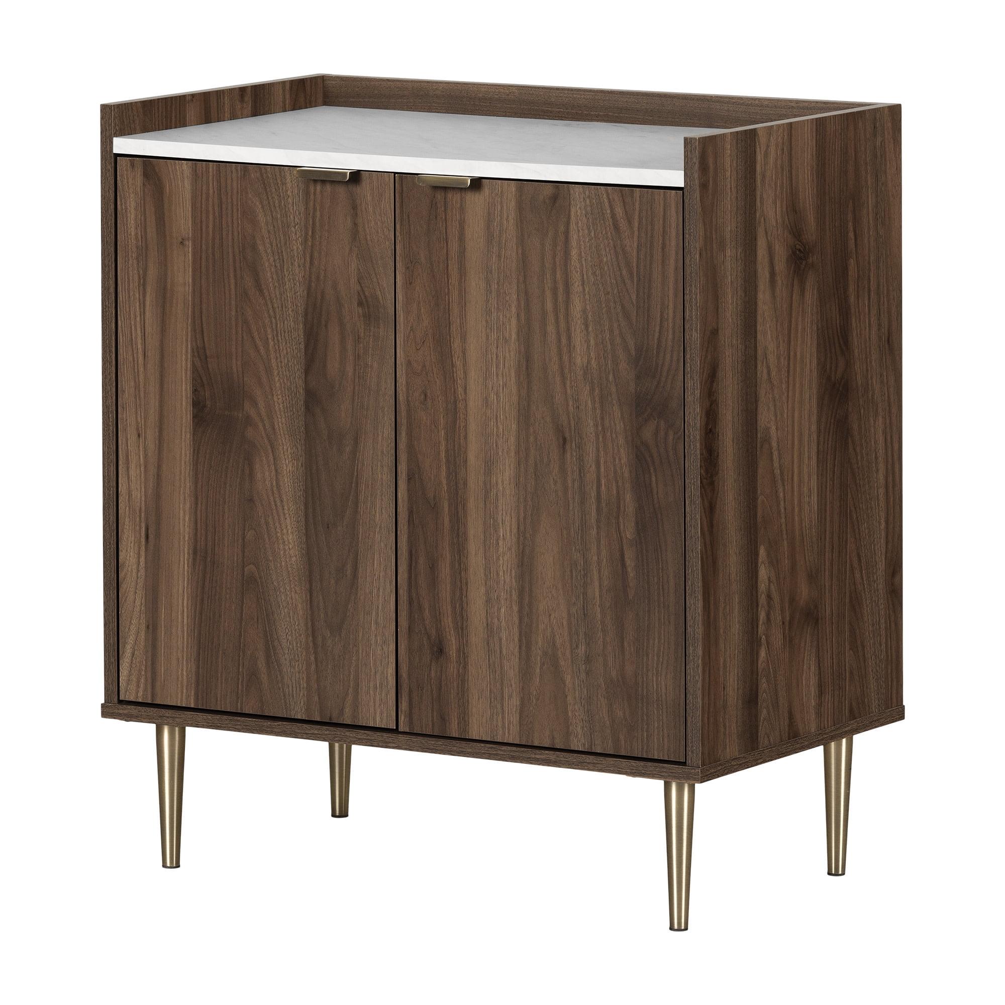 Natural Walnut and Faux Carrara Marble Mid-Century Glam Cabinet