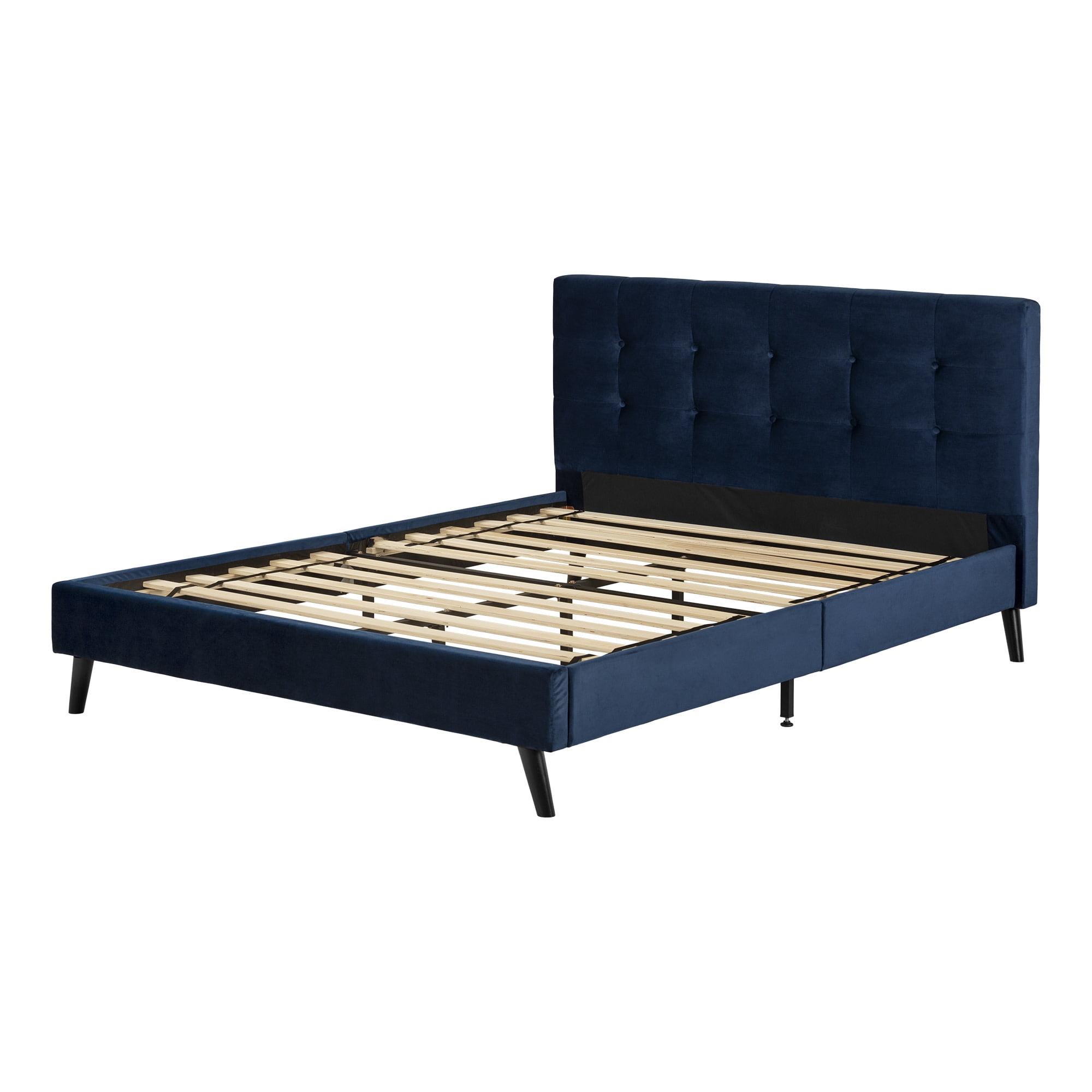 Navy Blue Velvet Upholstered Queen Bed with Slats