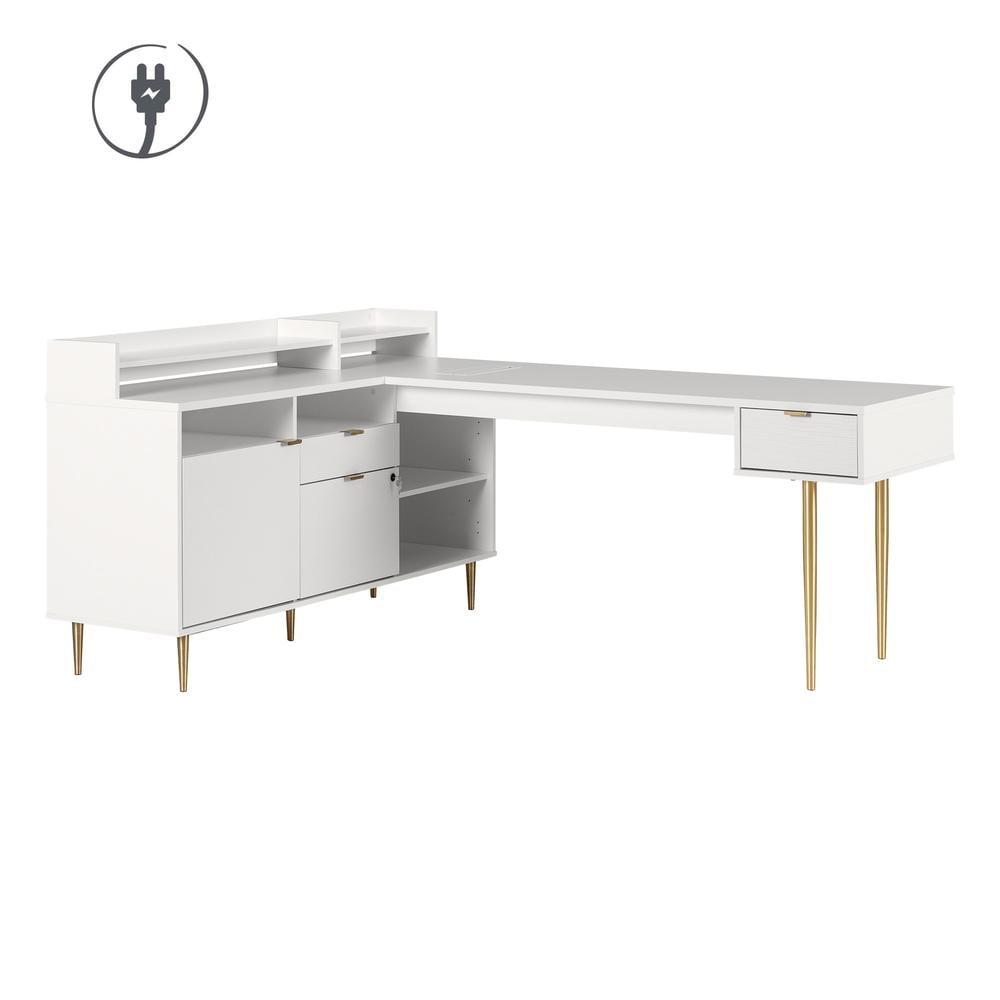 South Shore Koryn Desk Pure White: L-Shaped, Power Bar, Lockable File Drawer, Brass Legs