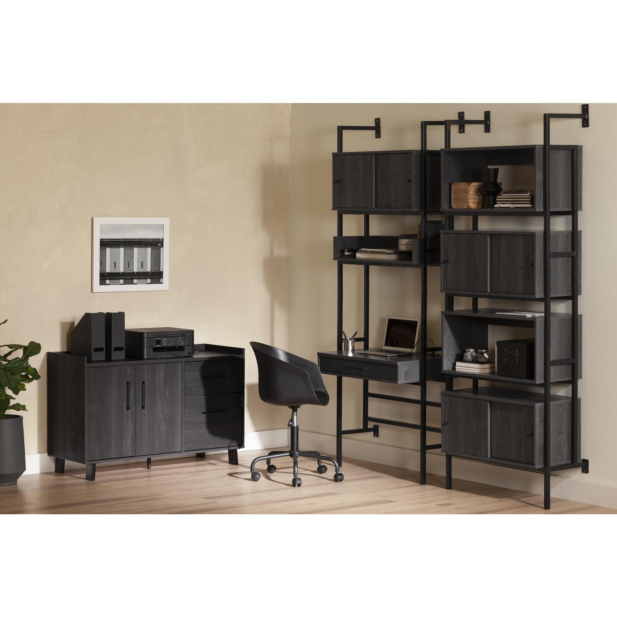 Gray Oak and Black Wall-Mounted Desk with Power Outlets and Storage