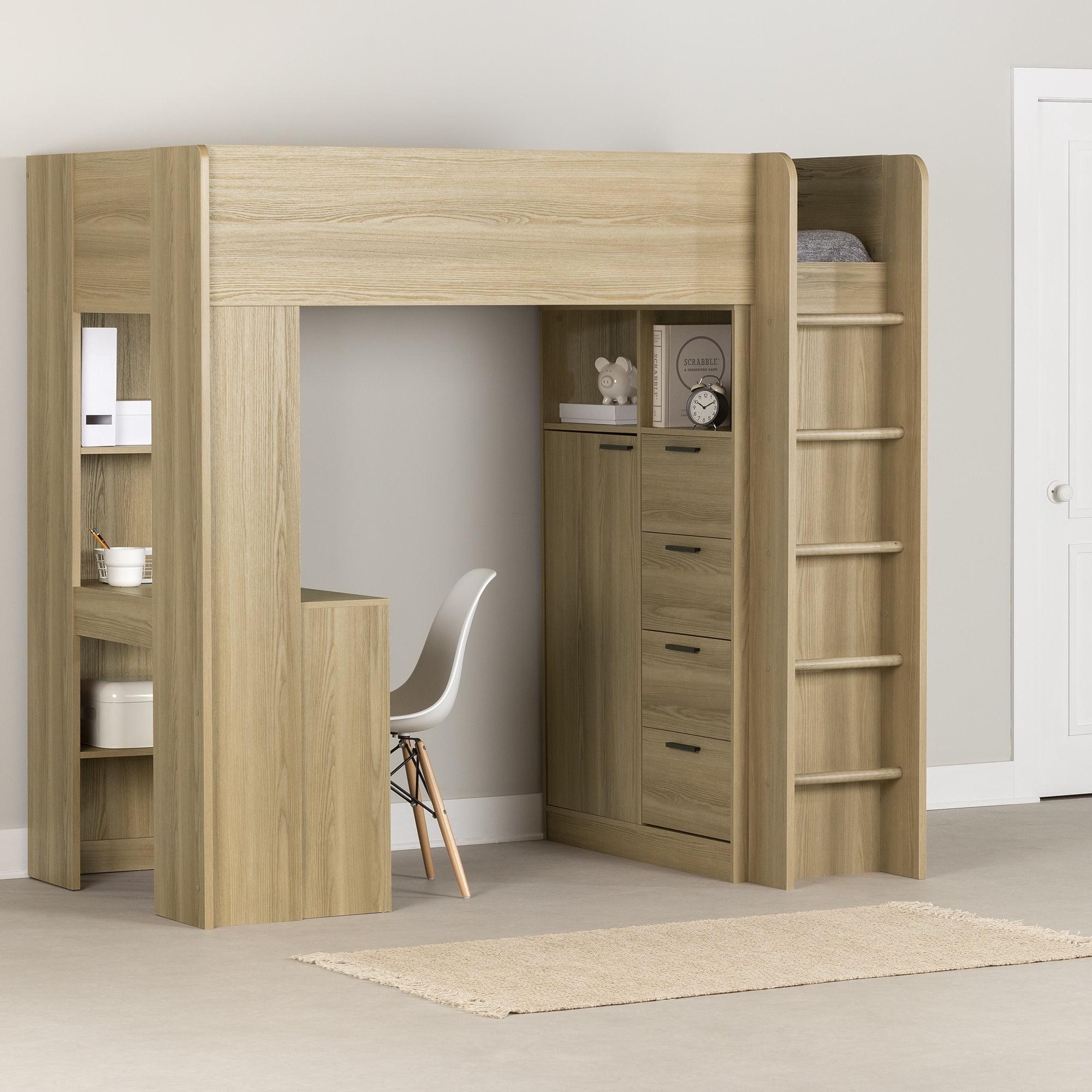 Natural Twin Loft Bed with Desk and Storage Drawers