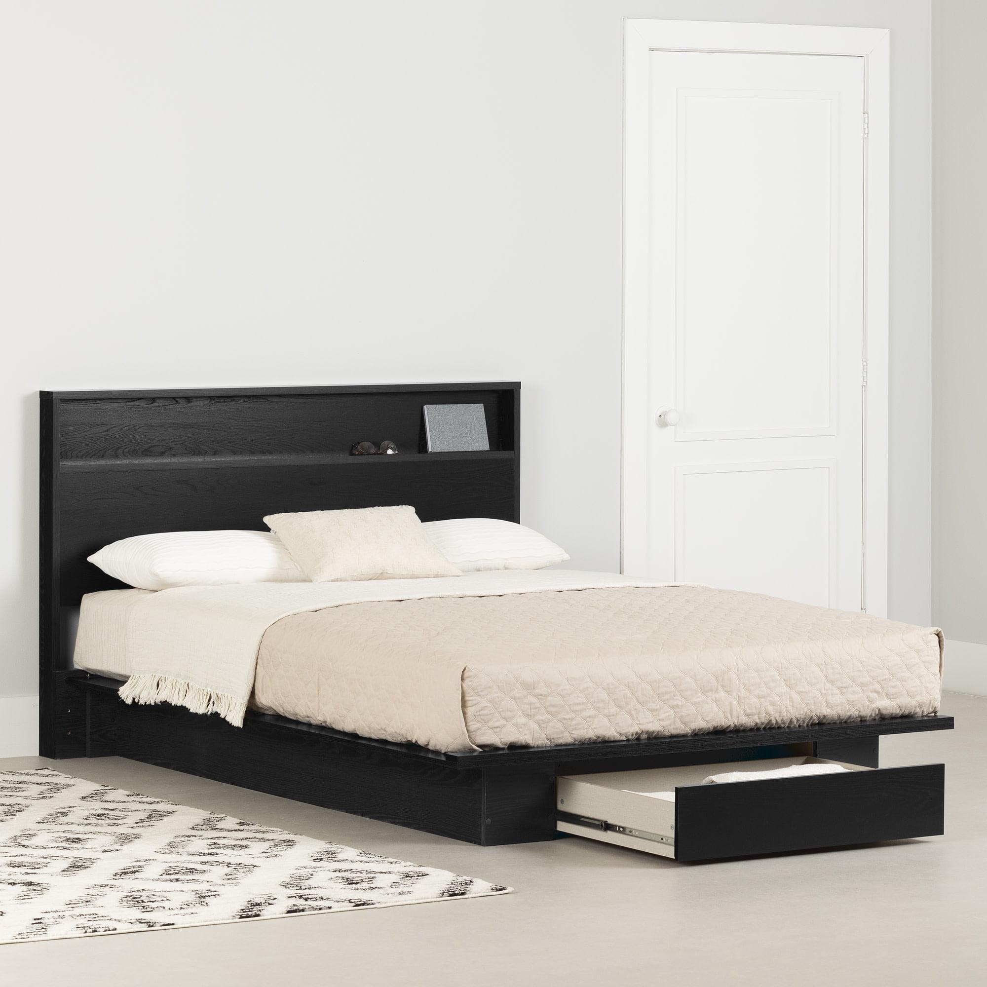 Black Oak Queen Platform Bed with Upholstered Headboard and Drawer