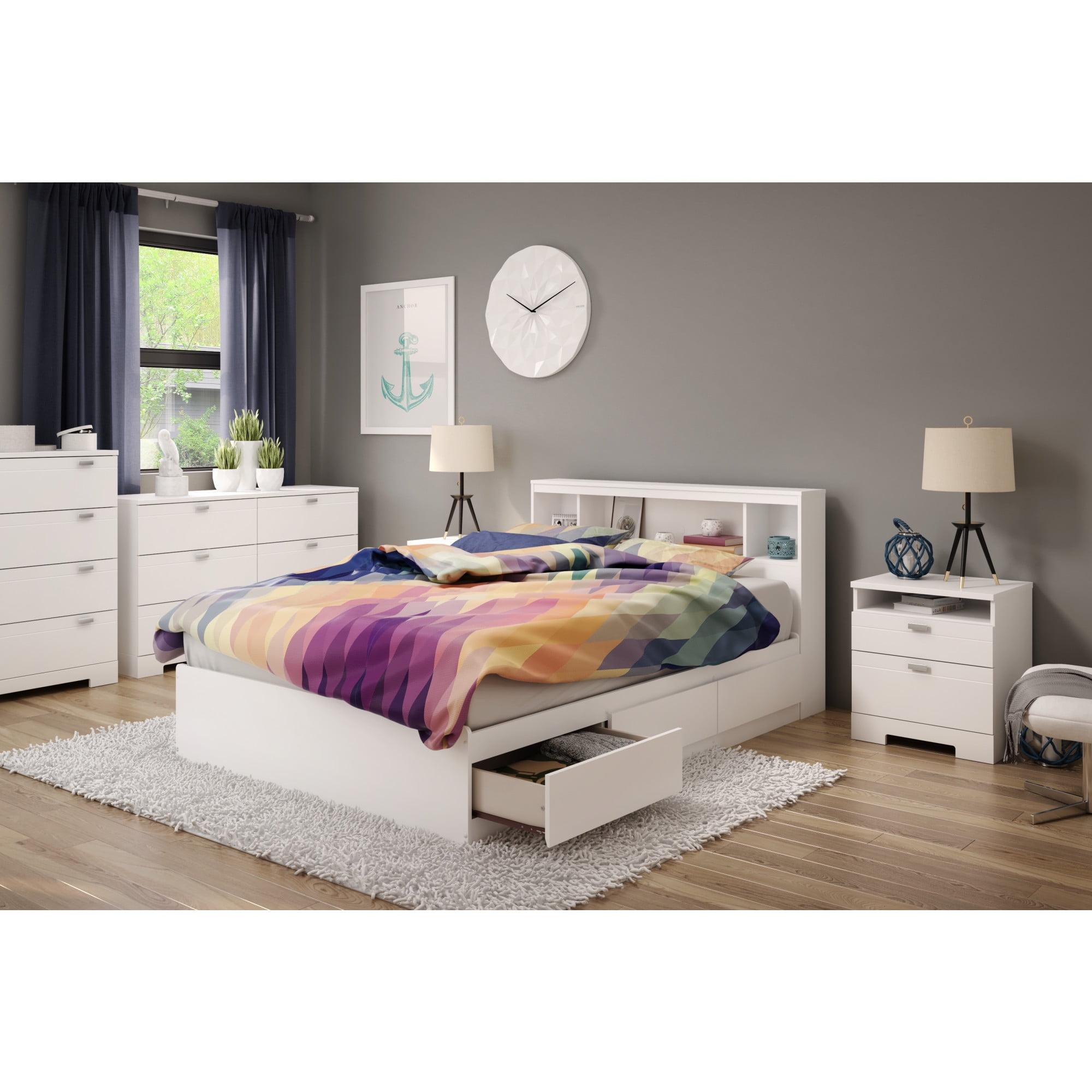 Full White Wood Captain's Bed with 3 Drawers and Bookcase Headboard