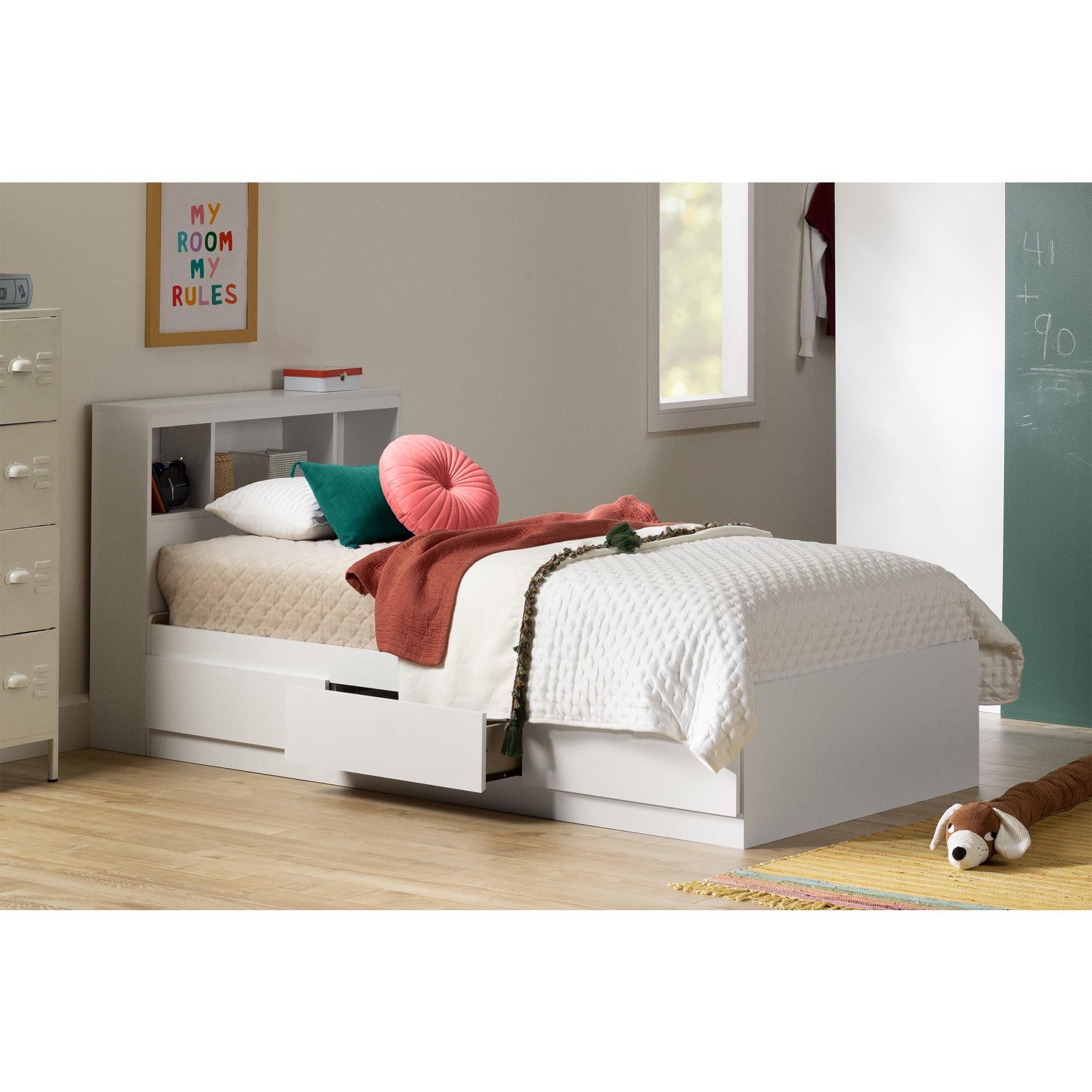 White Twin Platform Bed with Storage and Bookcase Headboard