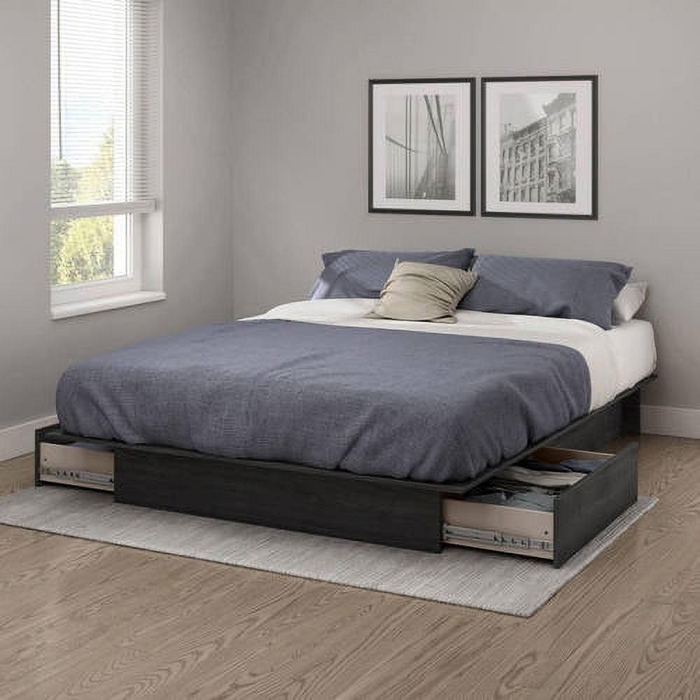 Queen-Sized Oak Wood Frame Platform Bed with Upholstered Storage Drawers