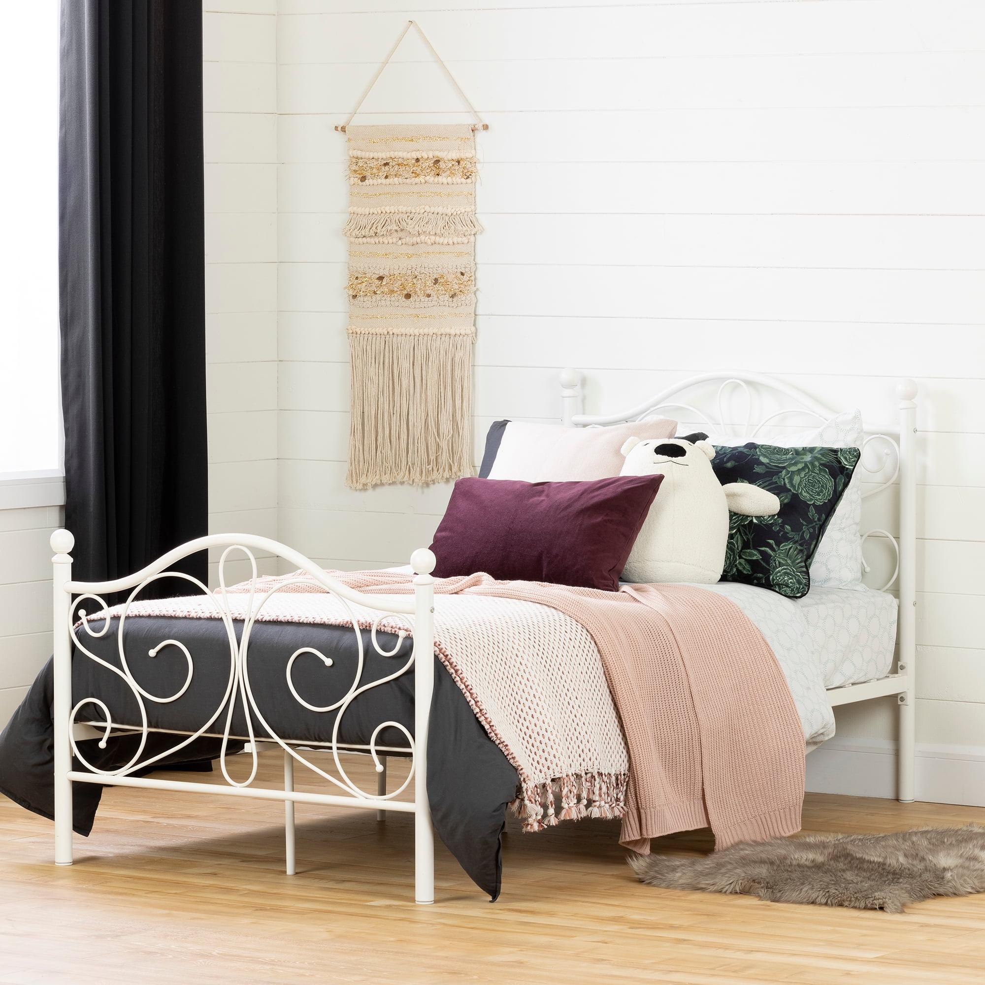 White Twin Metal Platform Bed with Latticework Headboard